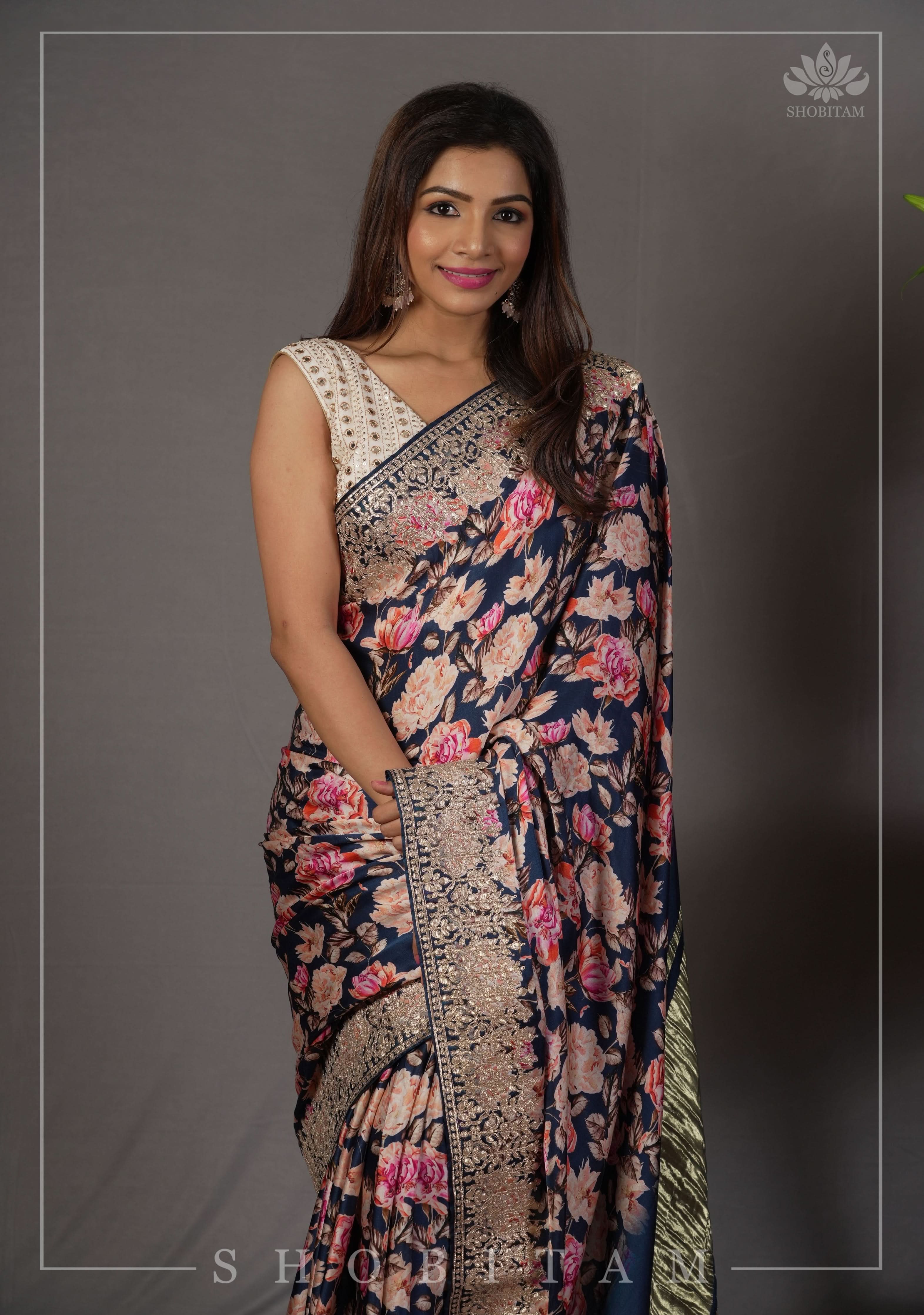 Navy Blue Gajji Silk Saree with Floral Print and Crushed Zari Pallu | Shobitam