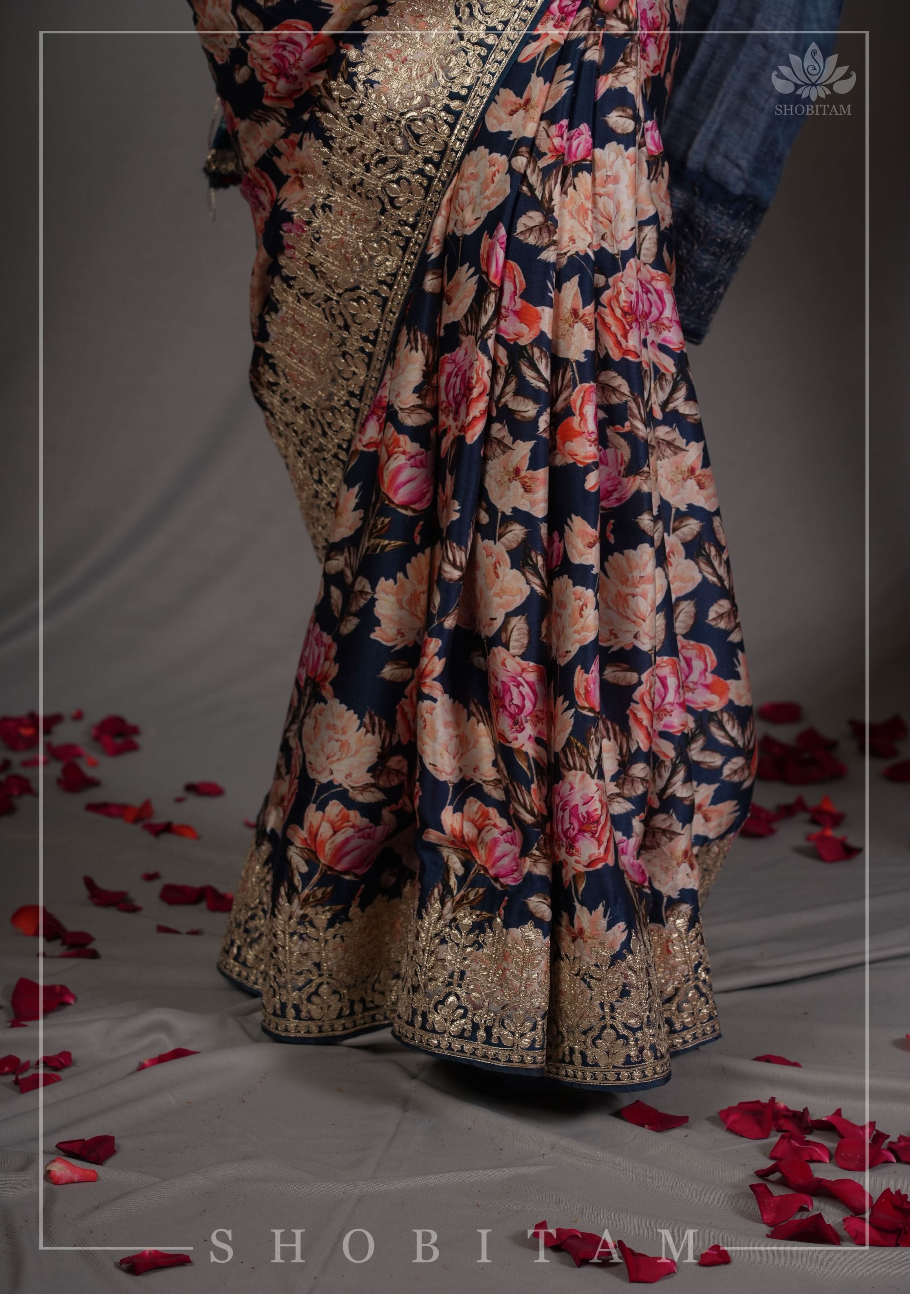 Navy Blue Gajji Silk Saree with Floral Print and Crushed Zari Pallu | Shobitam