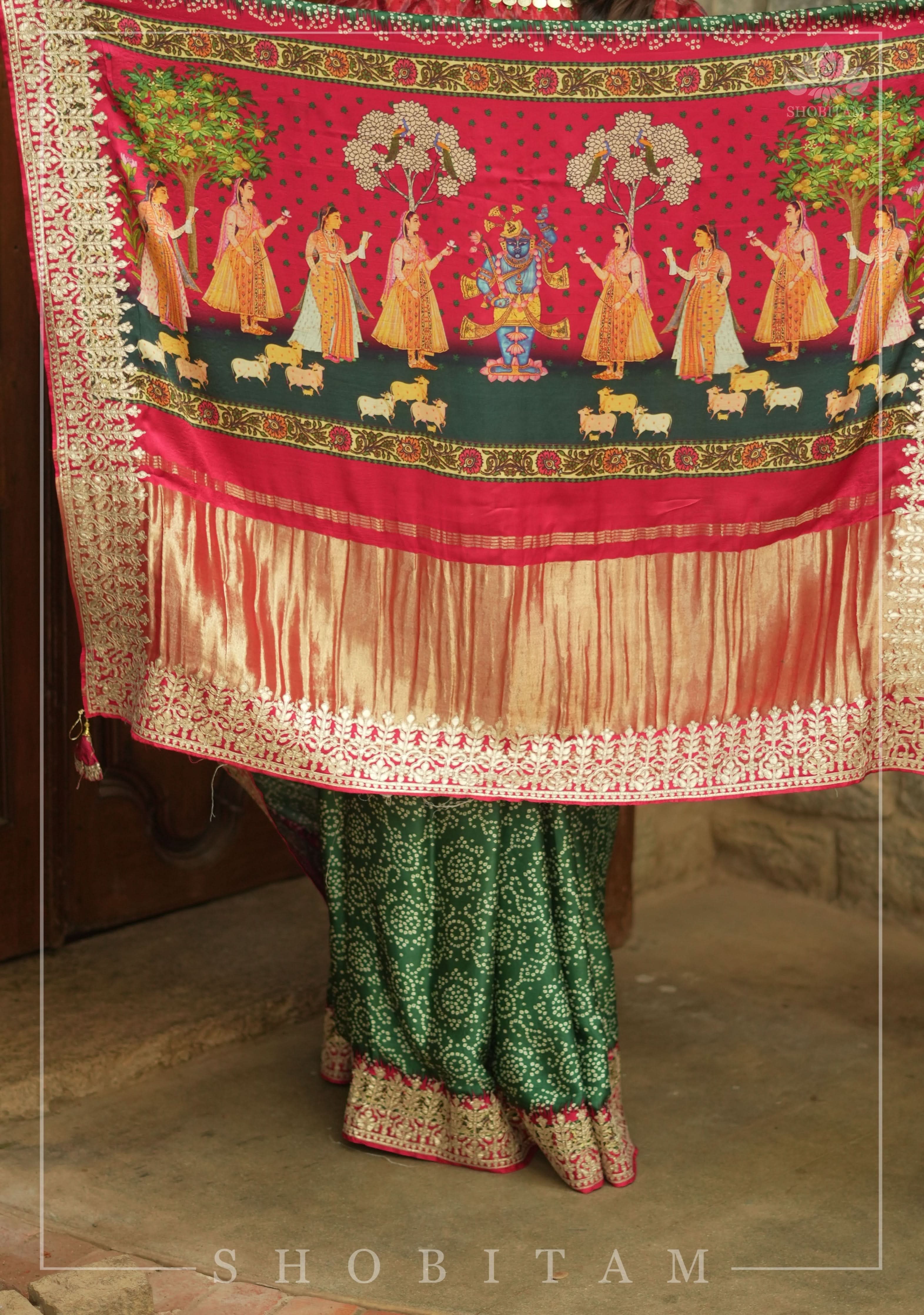 Gajji Silk Saree with Bandhni and Pichwai  Print and Crushed Zari Border in Green | Sarees By Shobitam