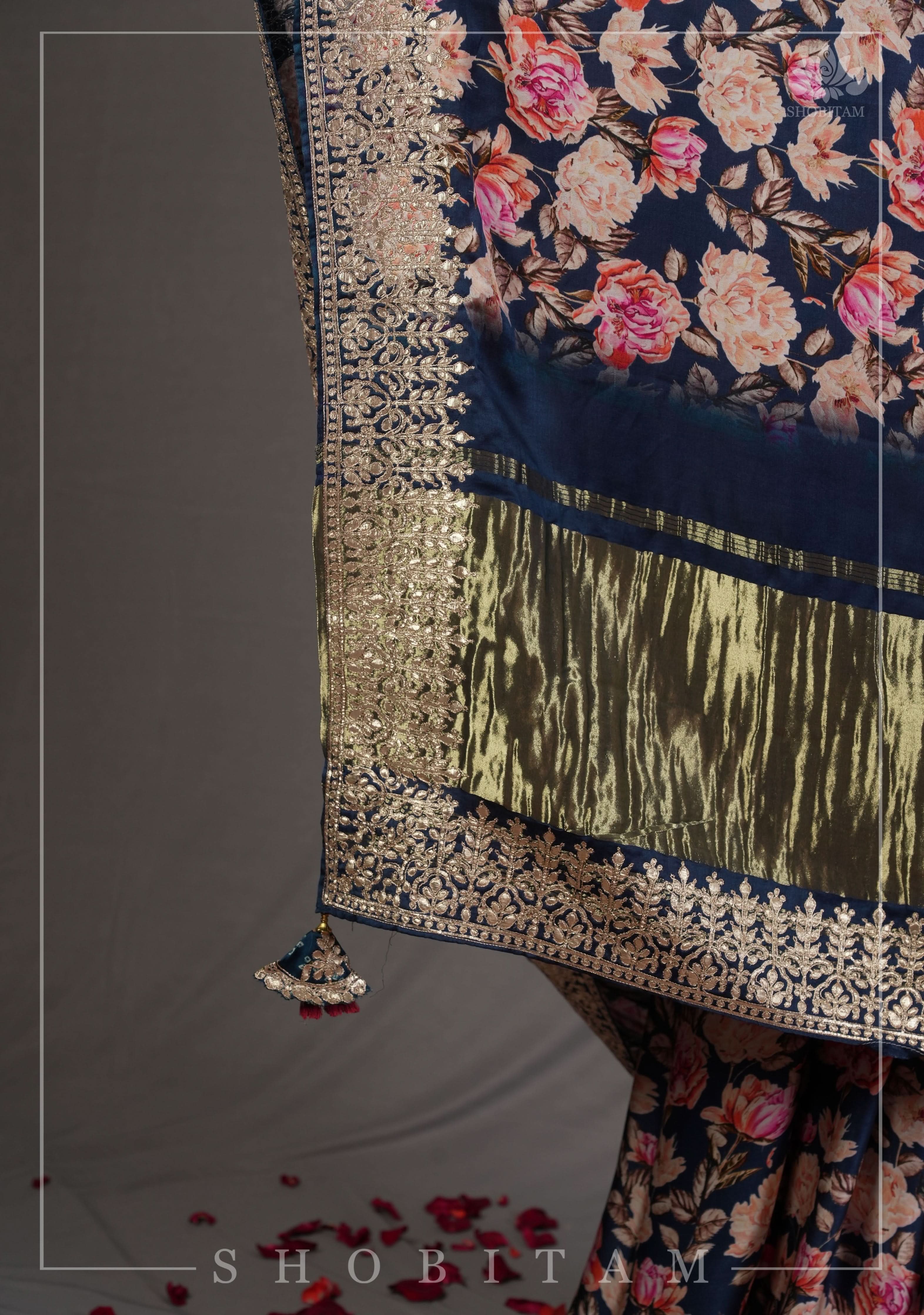 Navy Blue Gajji Silk Saree with Floral Print and Crushed Zari Pallu | Shobitam