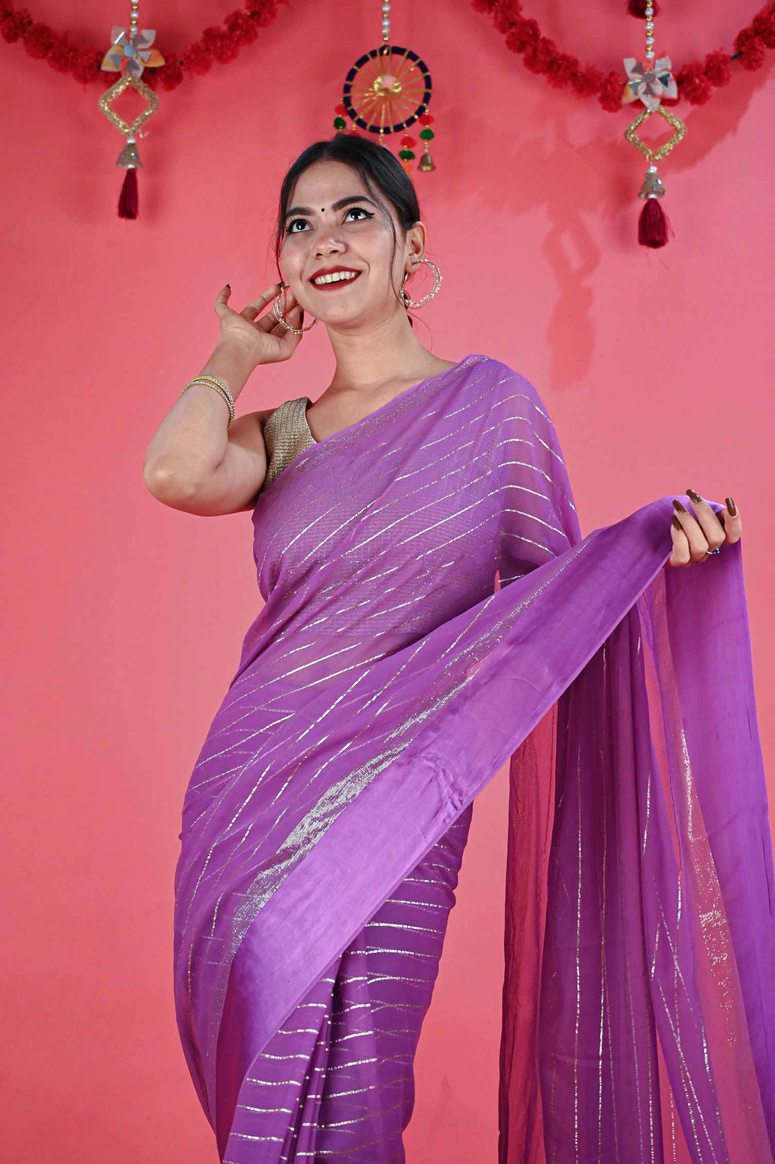 Ready To Wear Ravishing Georgette Lavender With silver Interwoven  Wrap in 1 minute saree - Isadora Life