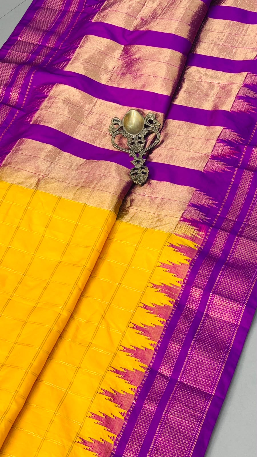 Mustard Yellow  Ilkal Weave Mercerized Cotton Bagalkote Saree with Zari Checks and Contrast Zari Border | SHOBITAM