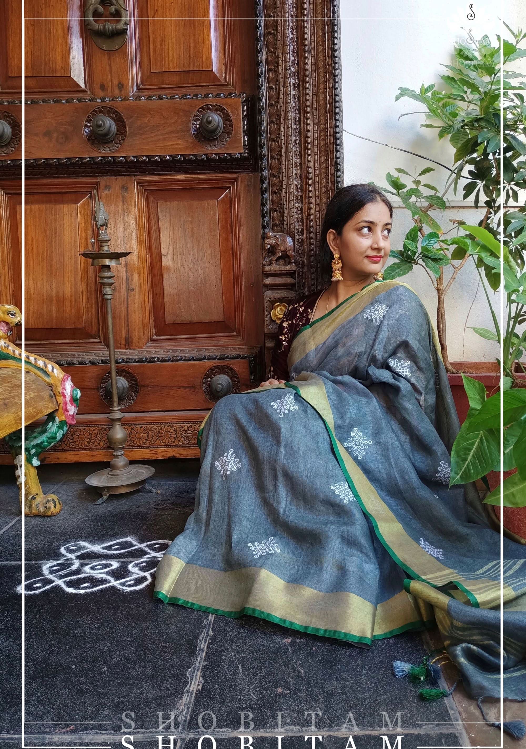 Kolam Linen embroidery Saree in Charcoal Gray and Green | Linen by Linen  Saree I Rangoli Saree | Shobitam