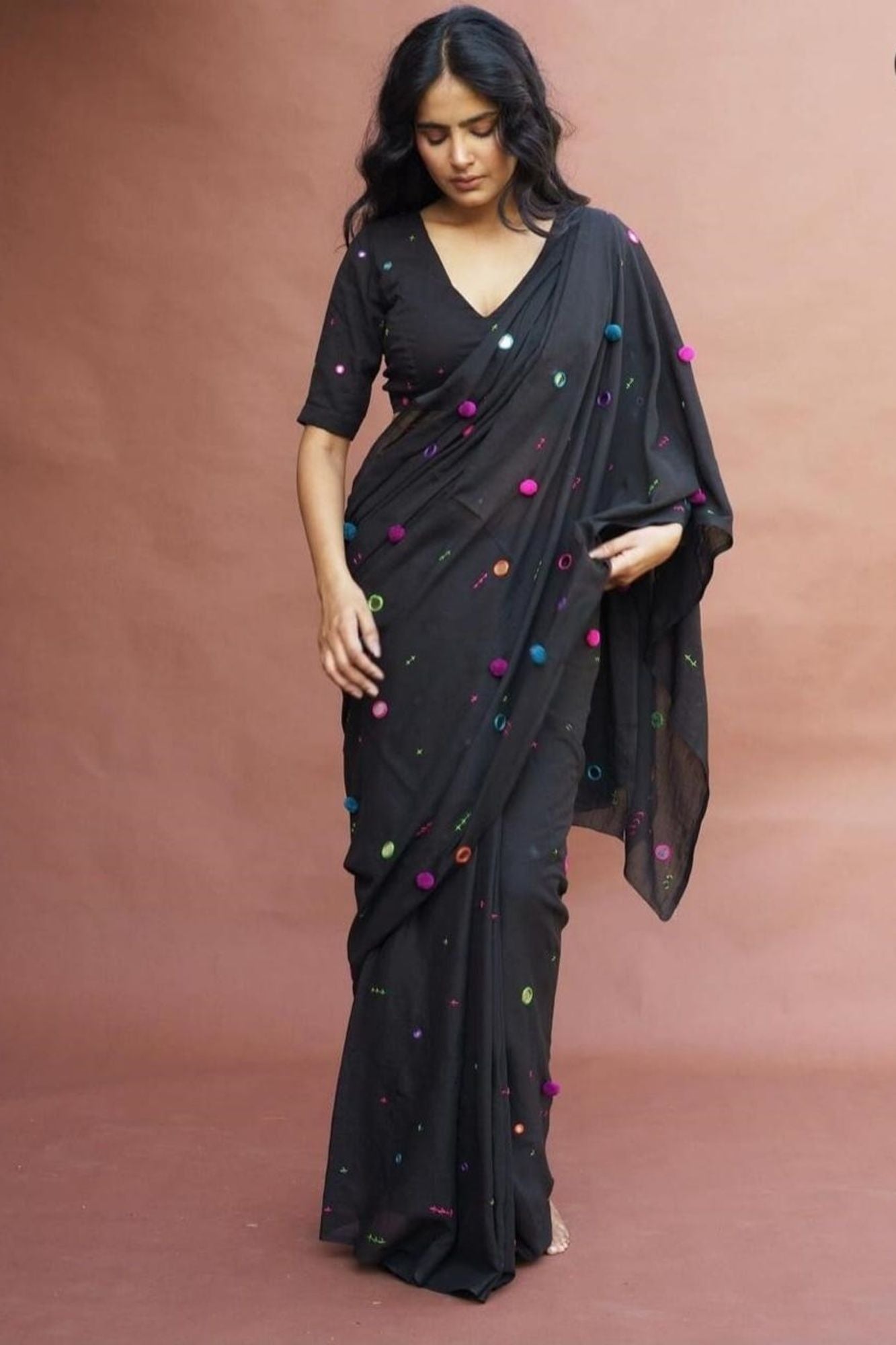 Ready to wear Beautiful Black saree in Mulmul with mirror work motifs inspired by the Rabari embroidery