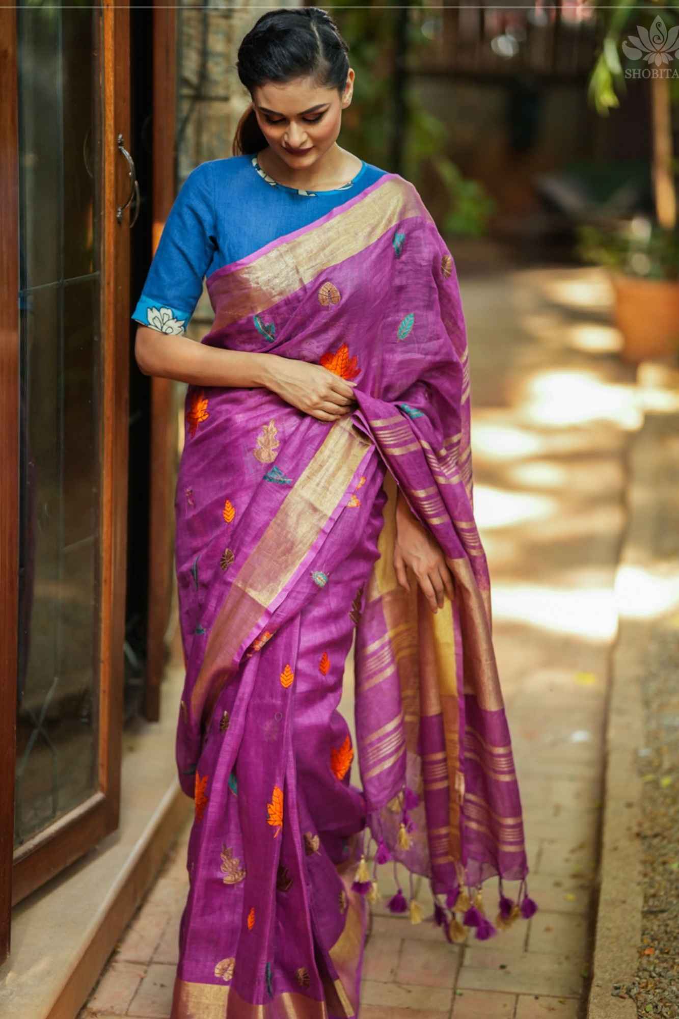 Ready To Wear Light Purple Linen Saree with Embroidery | Shobitam Saree