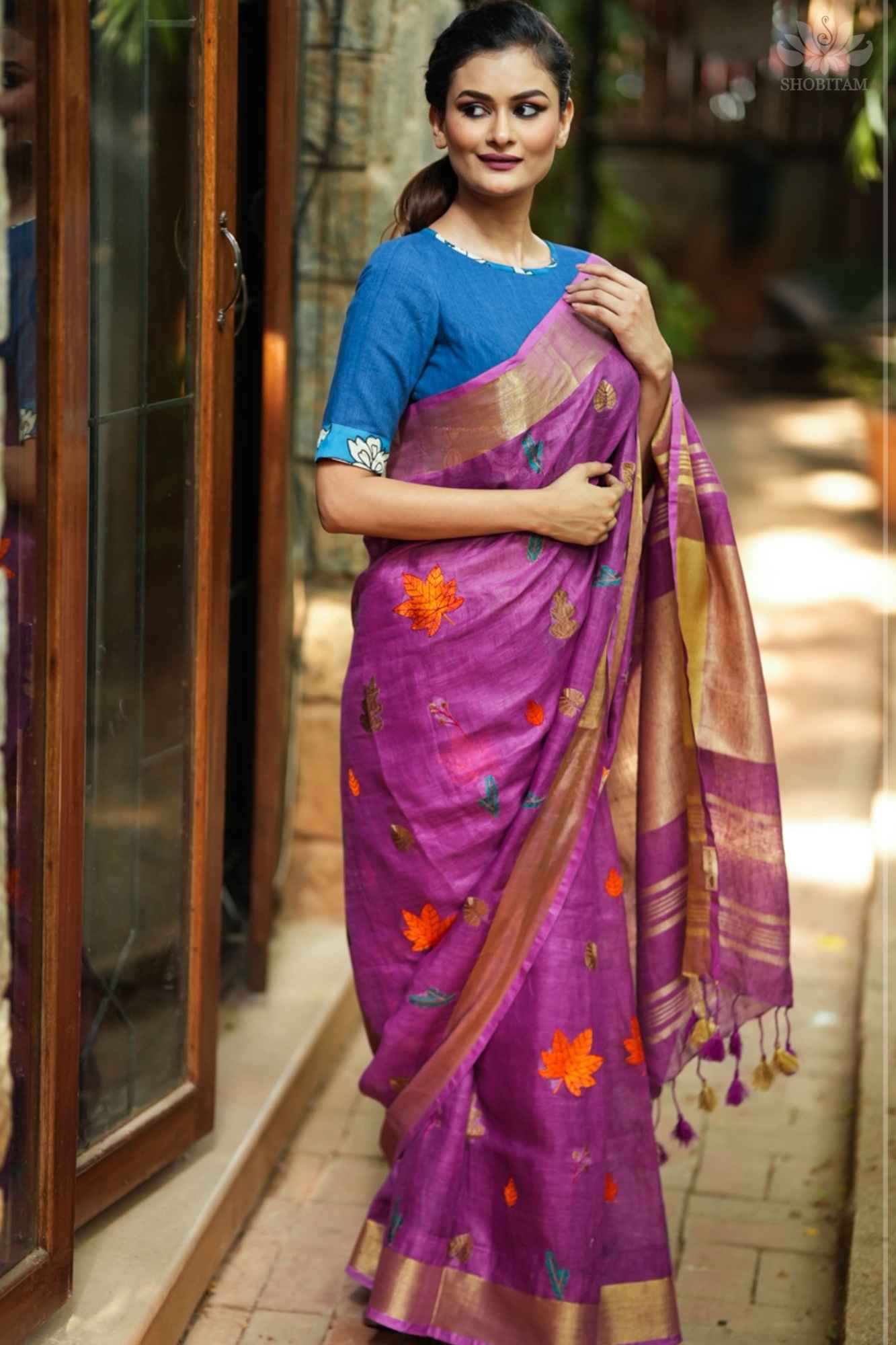 Ready To Wear Light Purple Linen Saree with Embroidery | Shobitam Saree