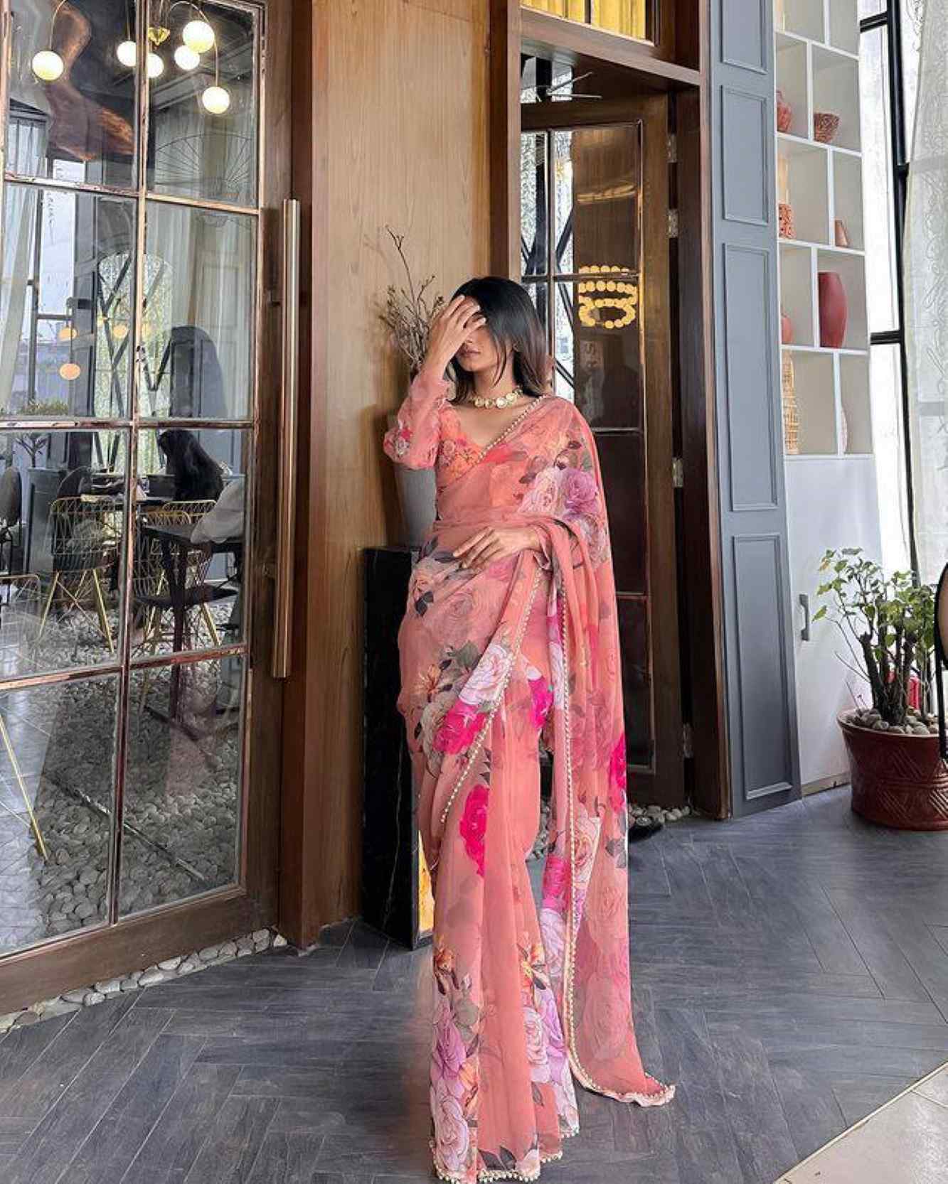 Ready to wear saree With Overall Floral Print And Moti Lace bordered  Pre Drape Saree