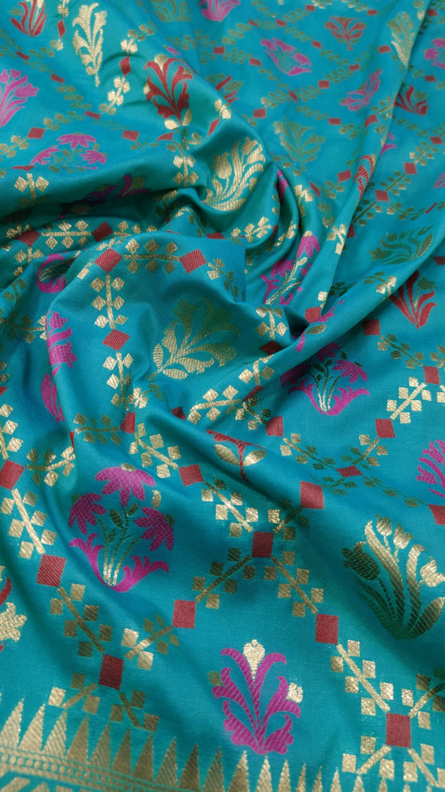 Teal Moroccan Jaal on Semi Silk Saree with Meenakari Buttas and Zari Border | SHOBITAM