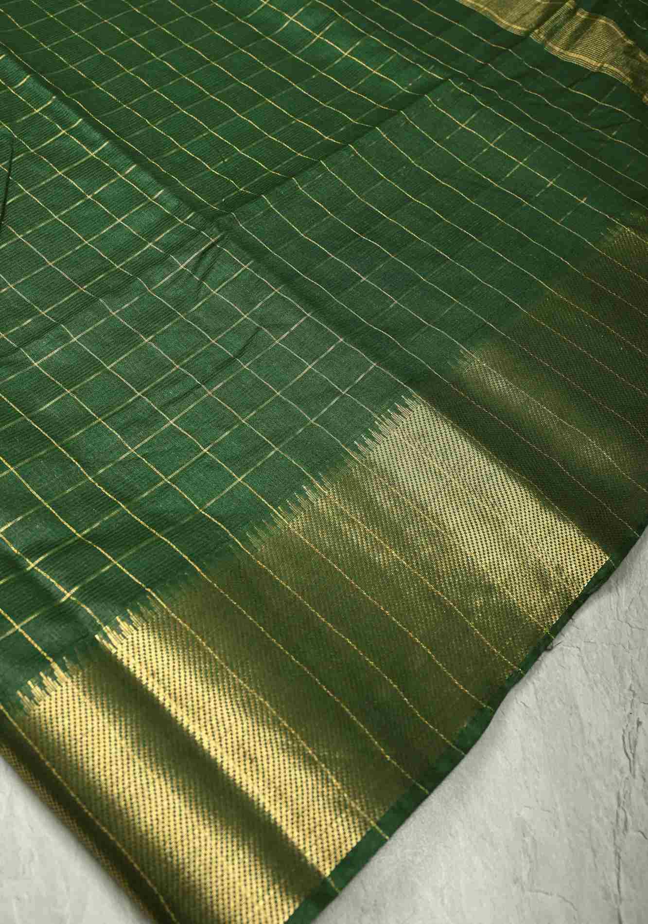 Bottle Green Semi Tussar Saree with Zari Checks and Zari Border Ready To Wear Saree