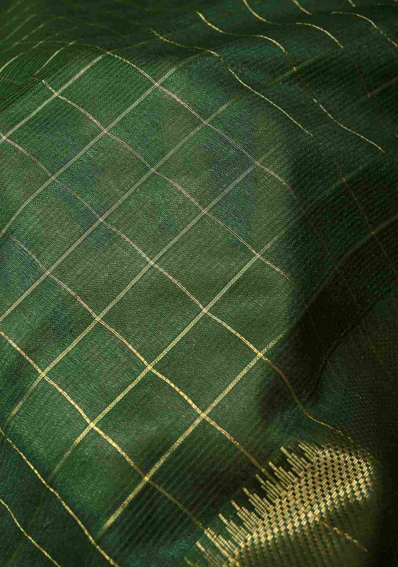 Bottle Green Semi Tussar Saree with Zari Checks and Zari Border Ready To Wear Saree
