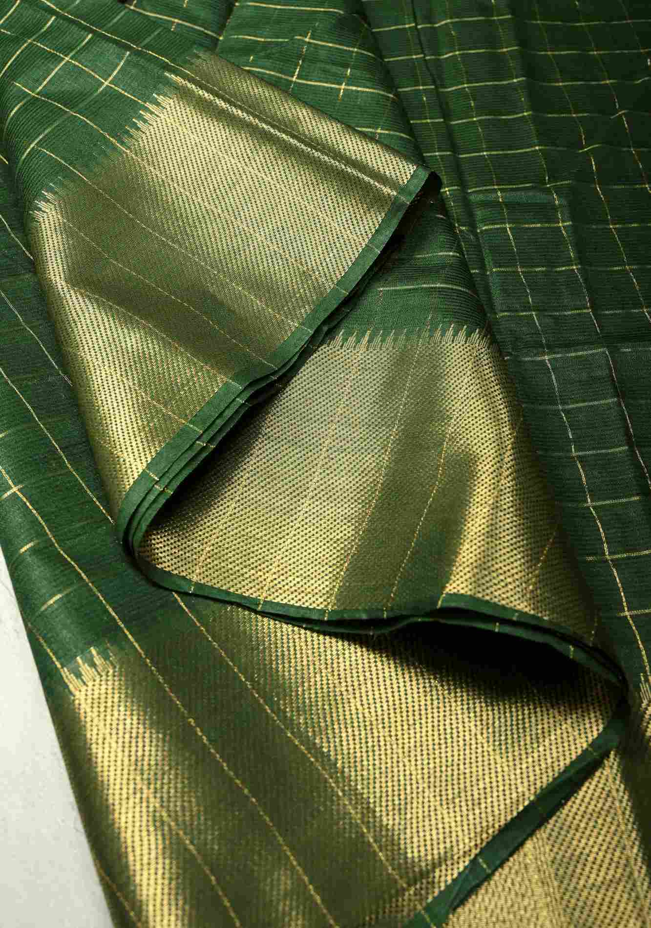 Bottle Green Semi Tussar Saree with Zari Checks and Zari Border Ready To Wear Saree
