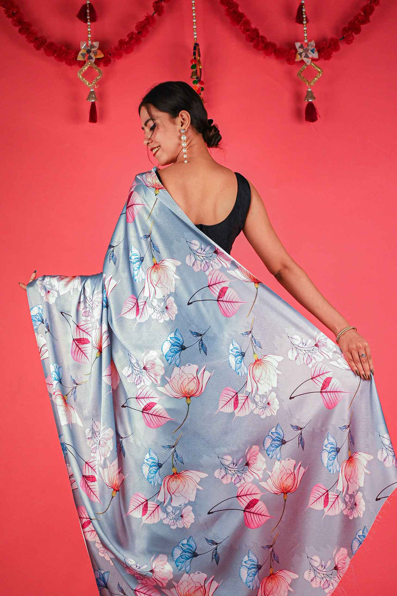Ready To Wear Pleasing Cloudy Grey Floral Printed   Wrap in 1 minute saree - Isadora Life