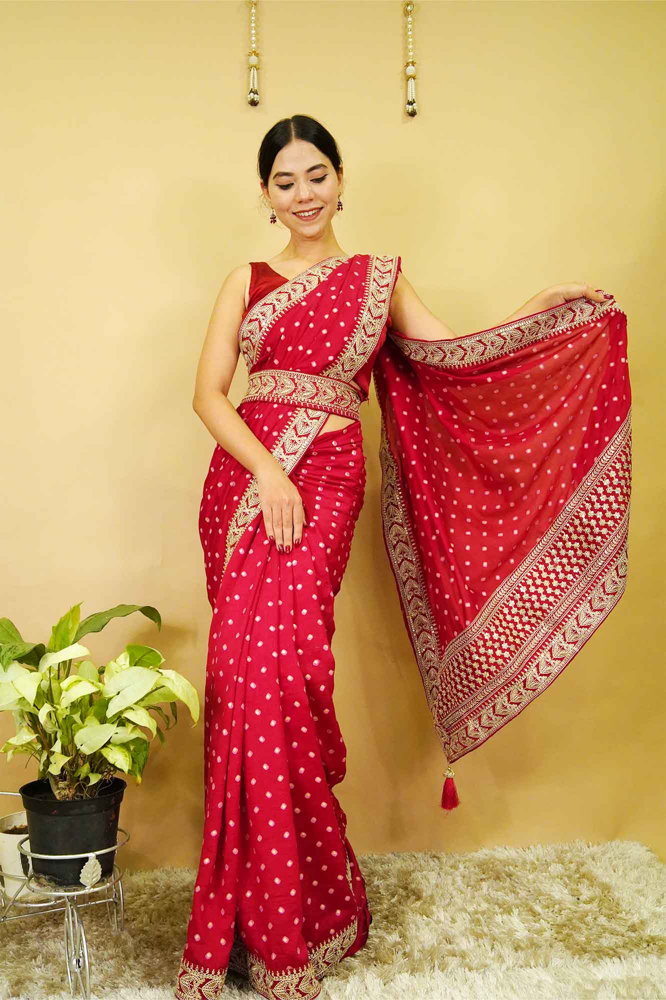 Ready To Wear with Belt Red Premium Soft Silk With Heavy Zari Embroidered Over all Bandhani Print  Wrap in 1 minute saree