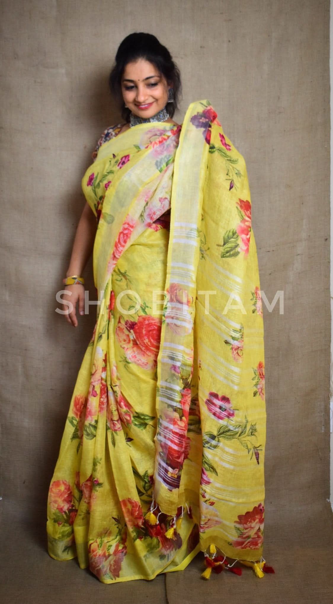 Yellow Linen Sareewith Floral Digital Print | Shobitam