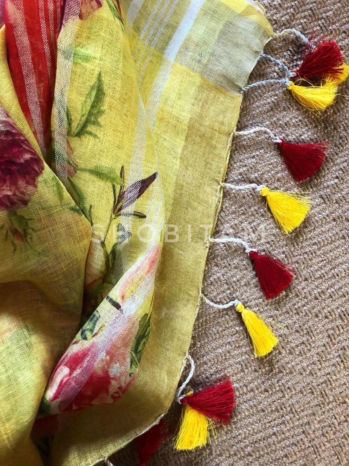 Yellow Linen Sareewith Floral Digital Print | Shobitam
