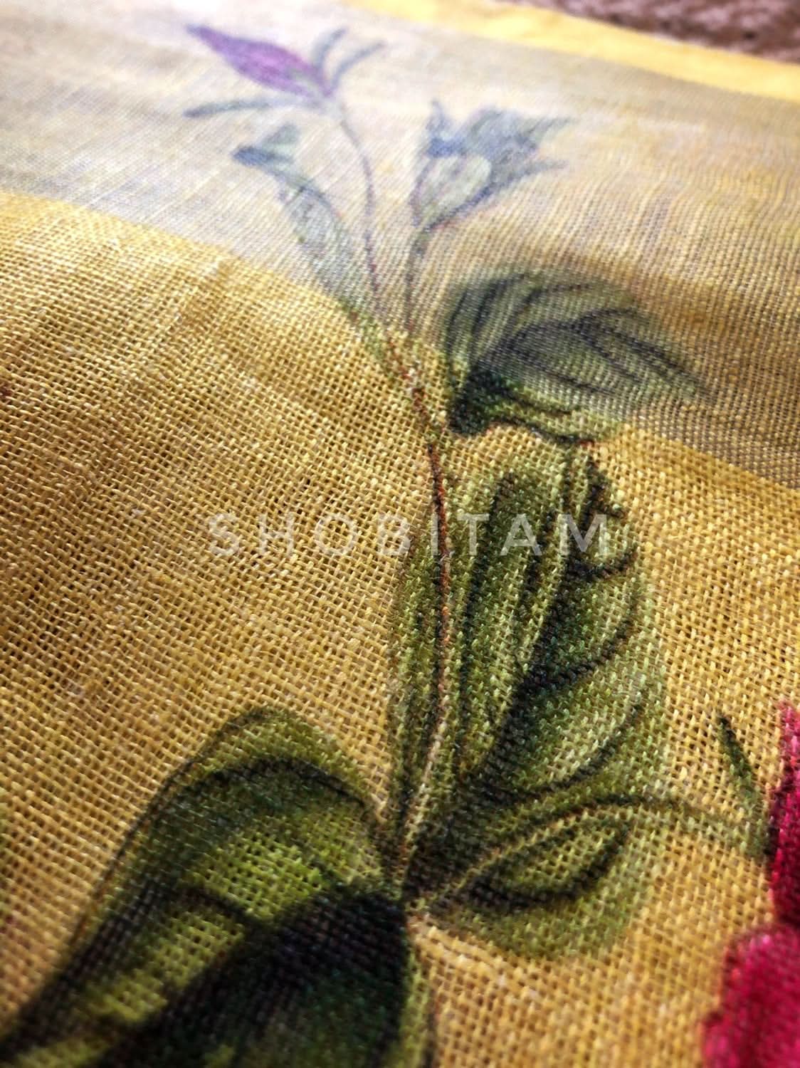 Yellow Linen Sareewith Floral Digital Print | Shobitam