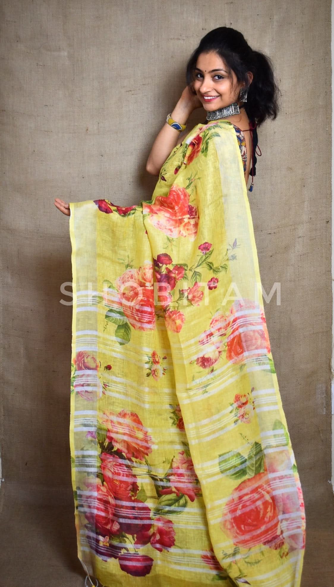 Yellow Linen Sareewith Floral Digital Print | Shobitam