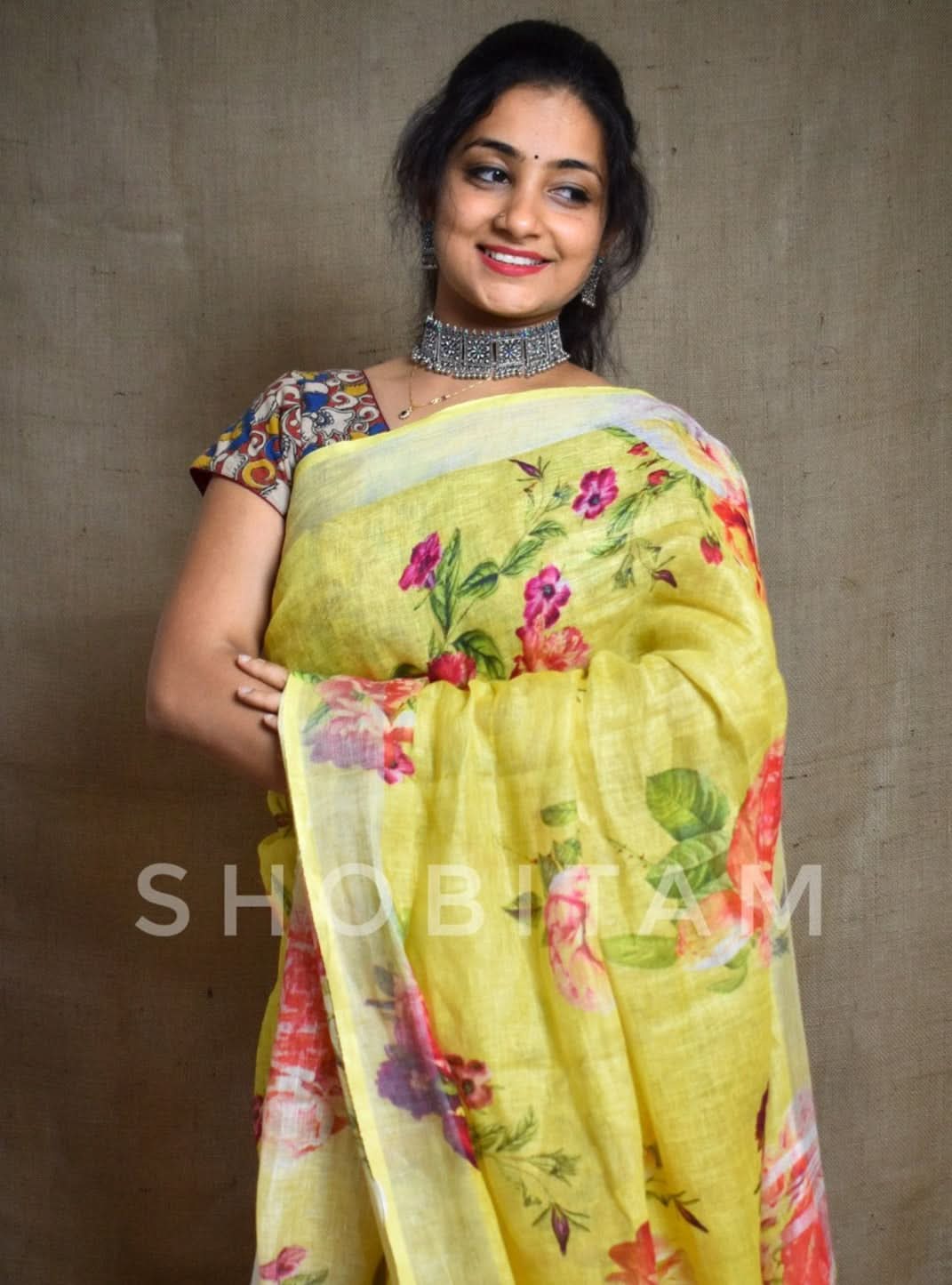 Yellow Linen Sareewith Floral Digital Print | Shobitam