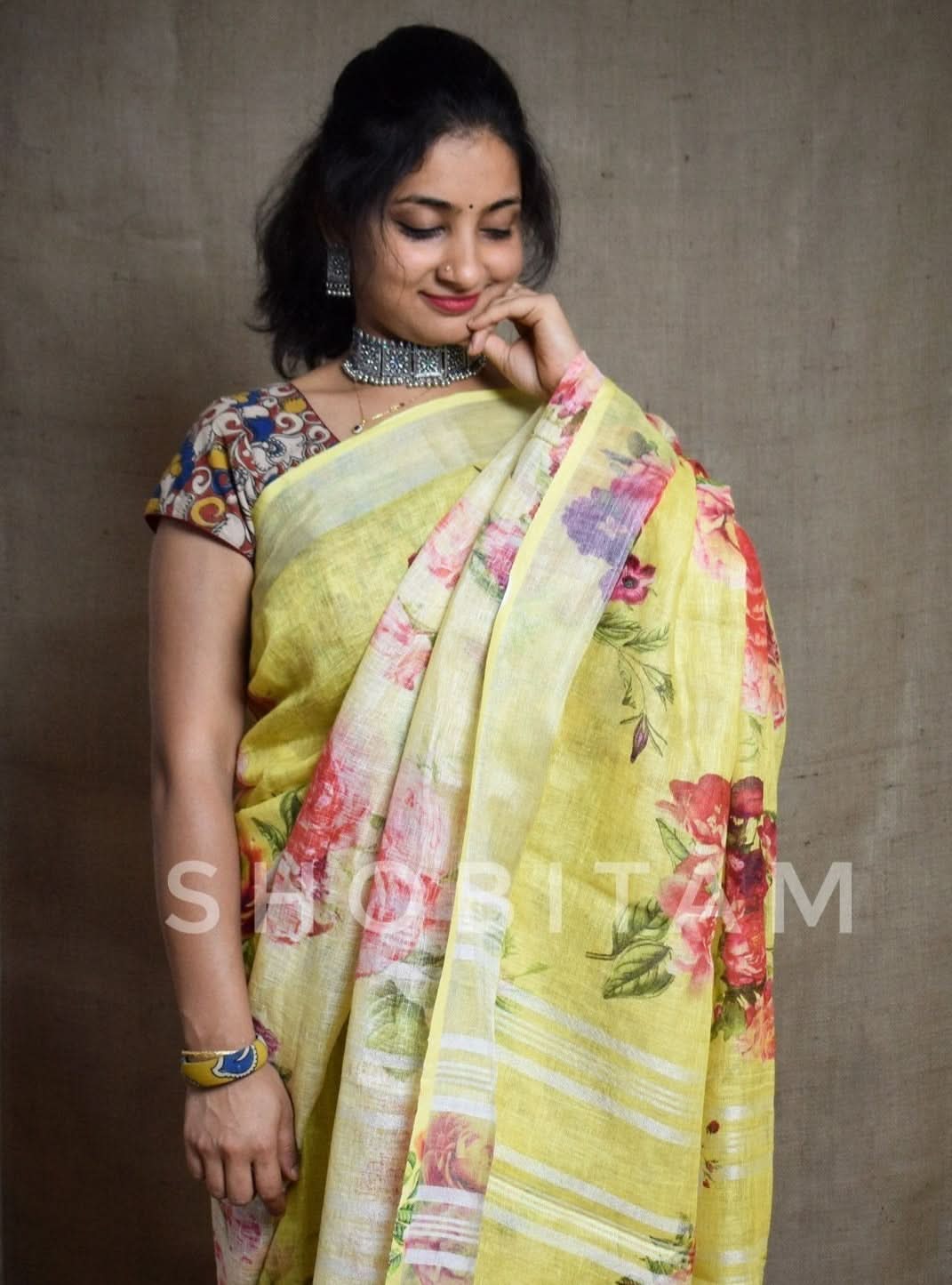 Yellow Linen Sareewith Floral Digital Print | Shobitam