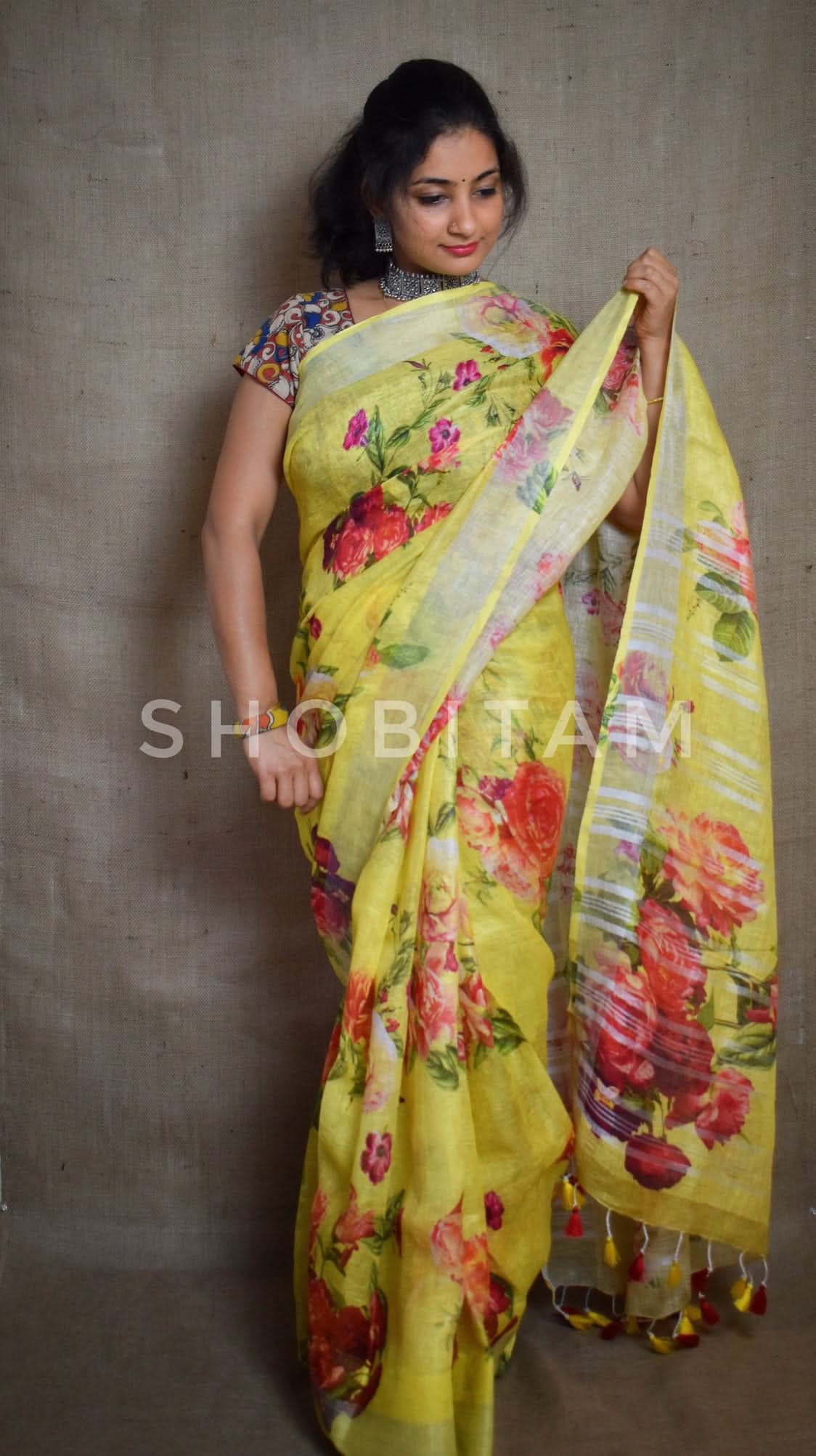 Yellow Linen Sareewith Floral Digital Print | Shobitam