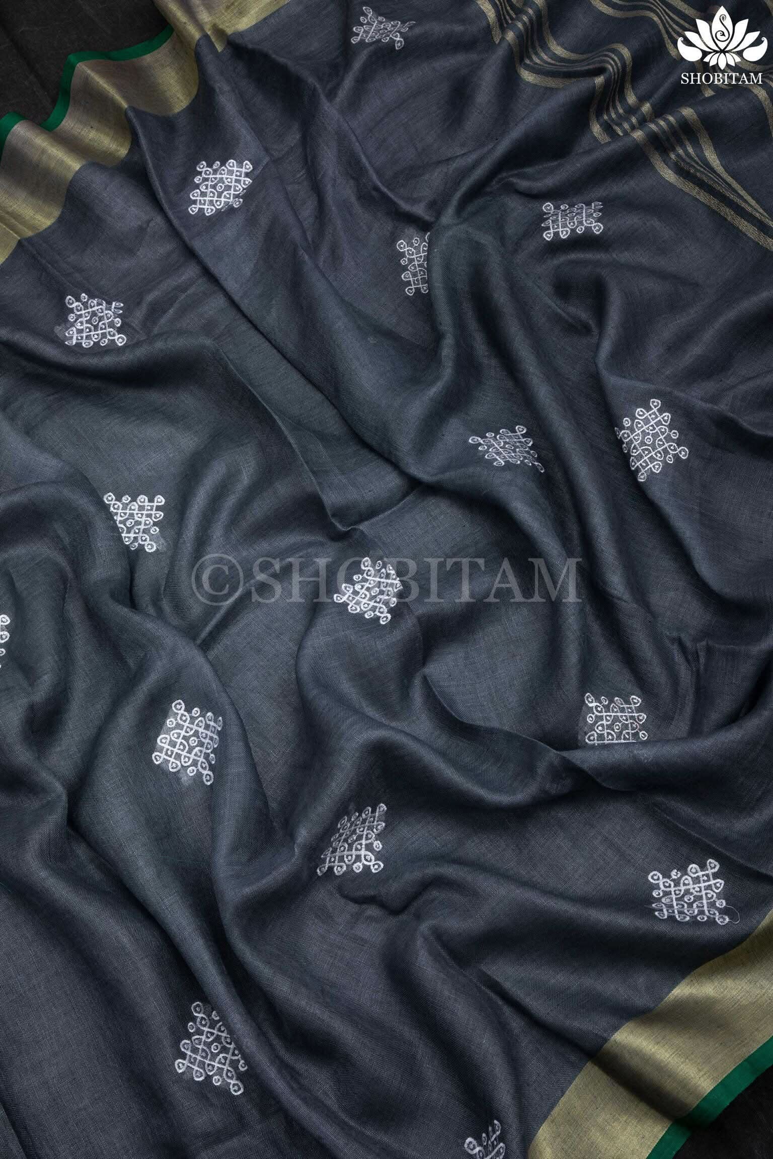 Kolam Linen embroidery Saree in Charcoal Gray and Green | Linen by Linen  Saree I Rangoli Saree | Shobitam