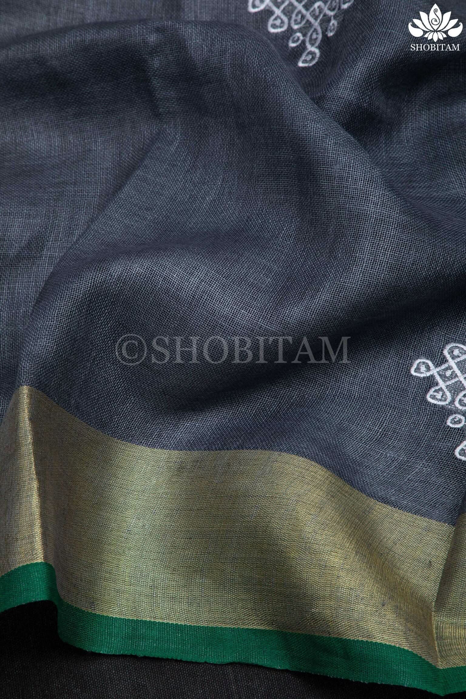 Kolam Linen embroidery Saree in Charcoal Gray and Green | Linen by Linen  Saree I Rangoli Saree | Shobitam