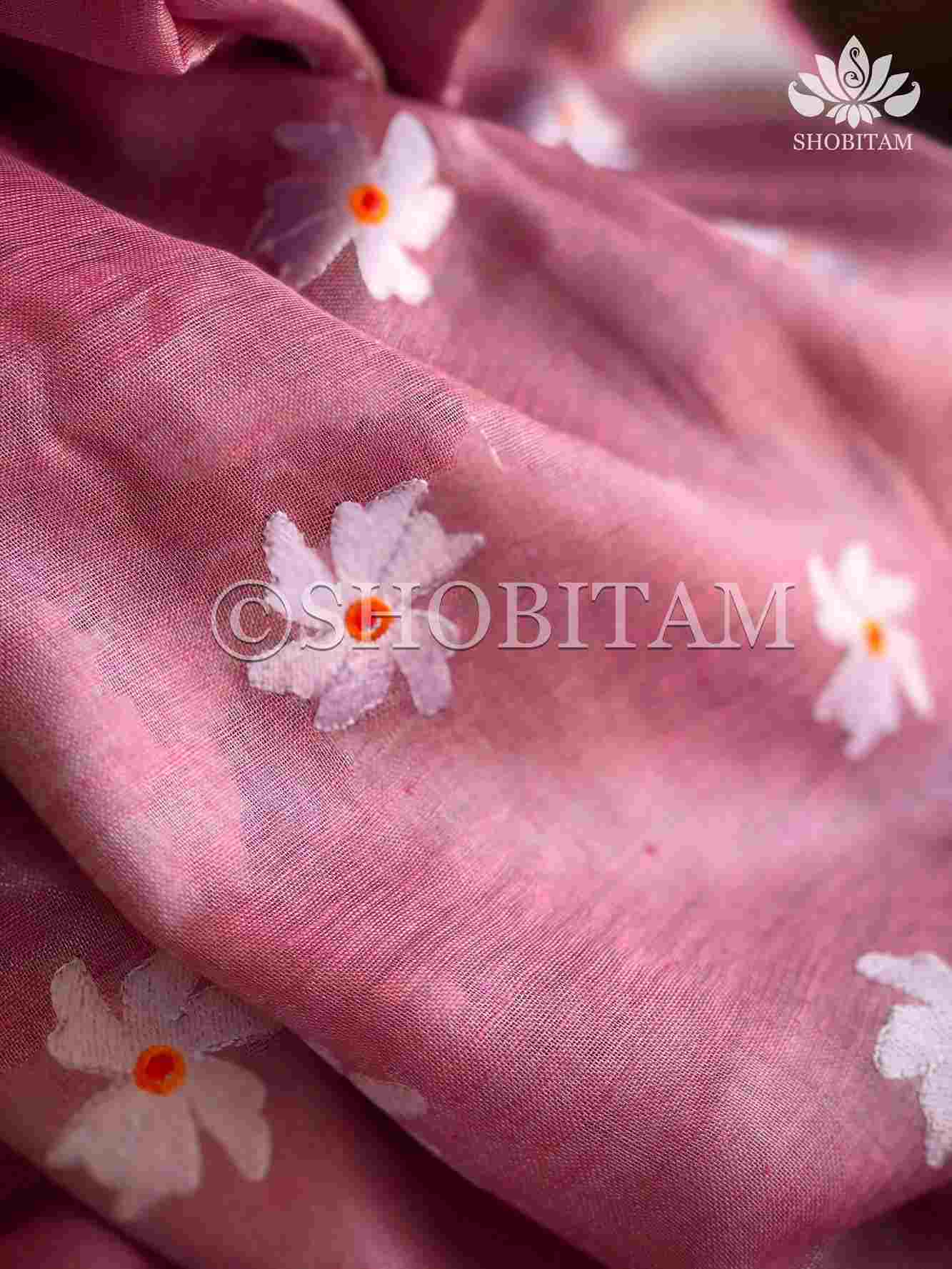 Pink Tissue Linen Saree with Parijaat Flower Embroidery Wrap in 1 minute saree