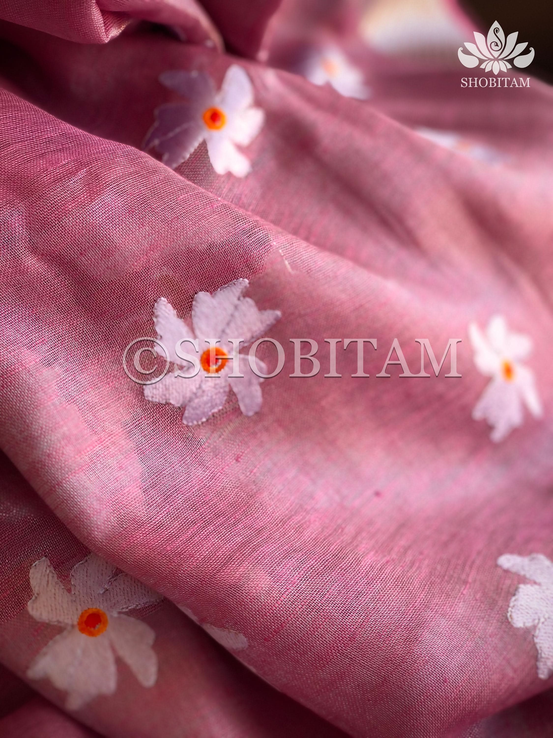 Pink Tissue Linen Saree with Parijaat Flower Embroidery | Shobitam Saree
