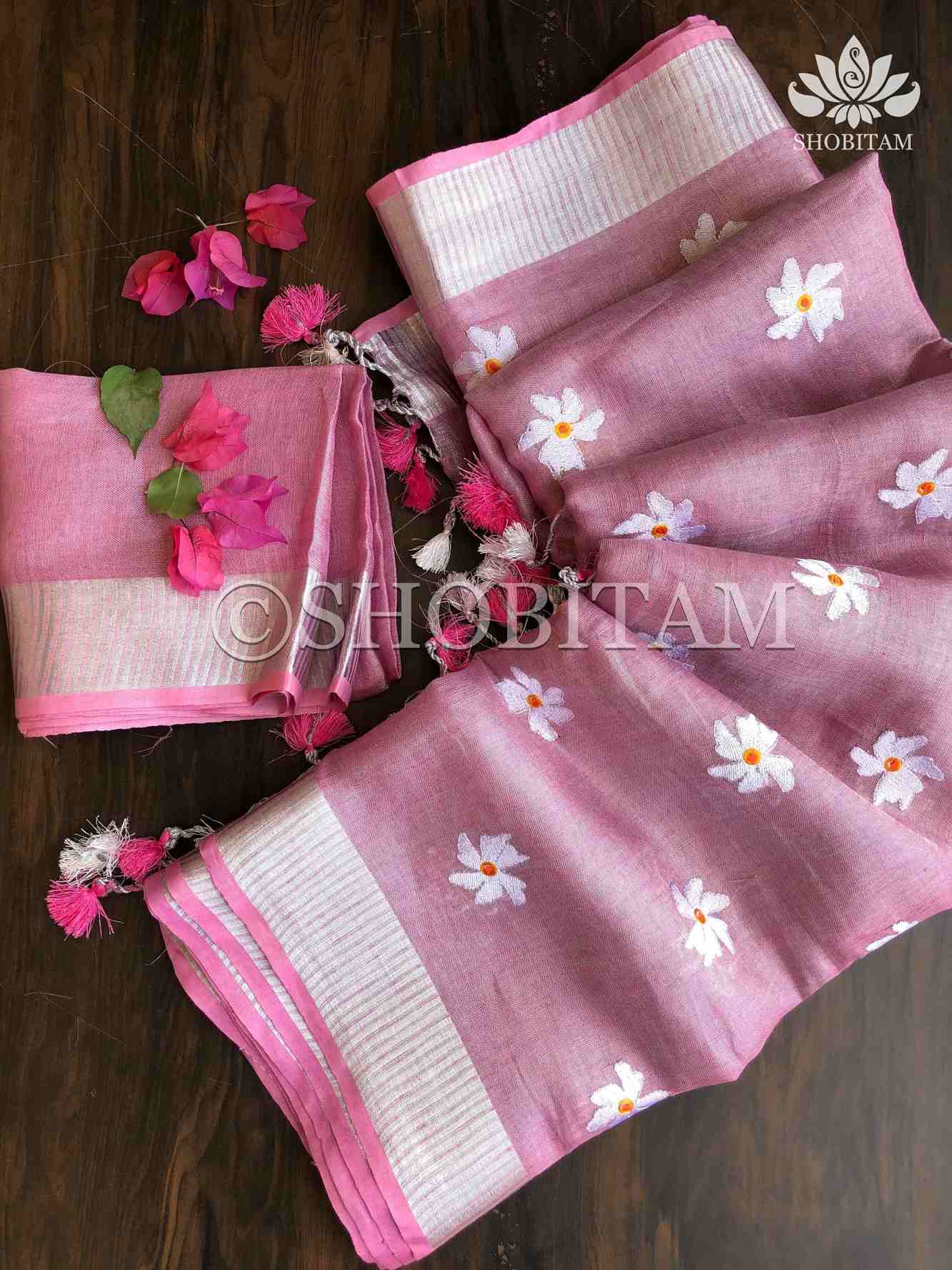 Pink Tissue Linen Saree with Parijaat Flower Embroidery Wrap in 1 minute saree