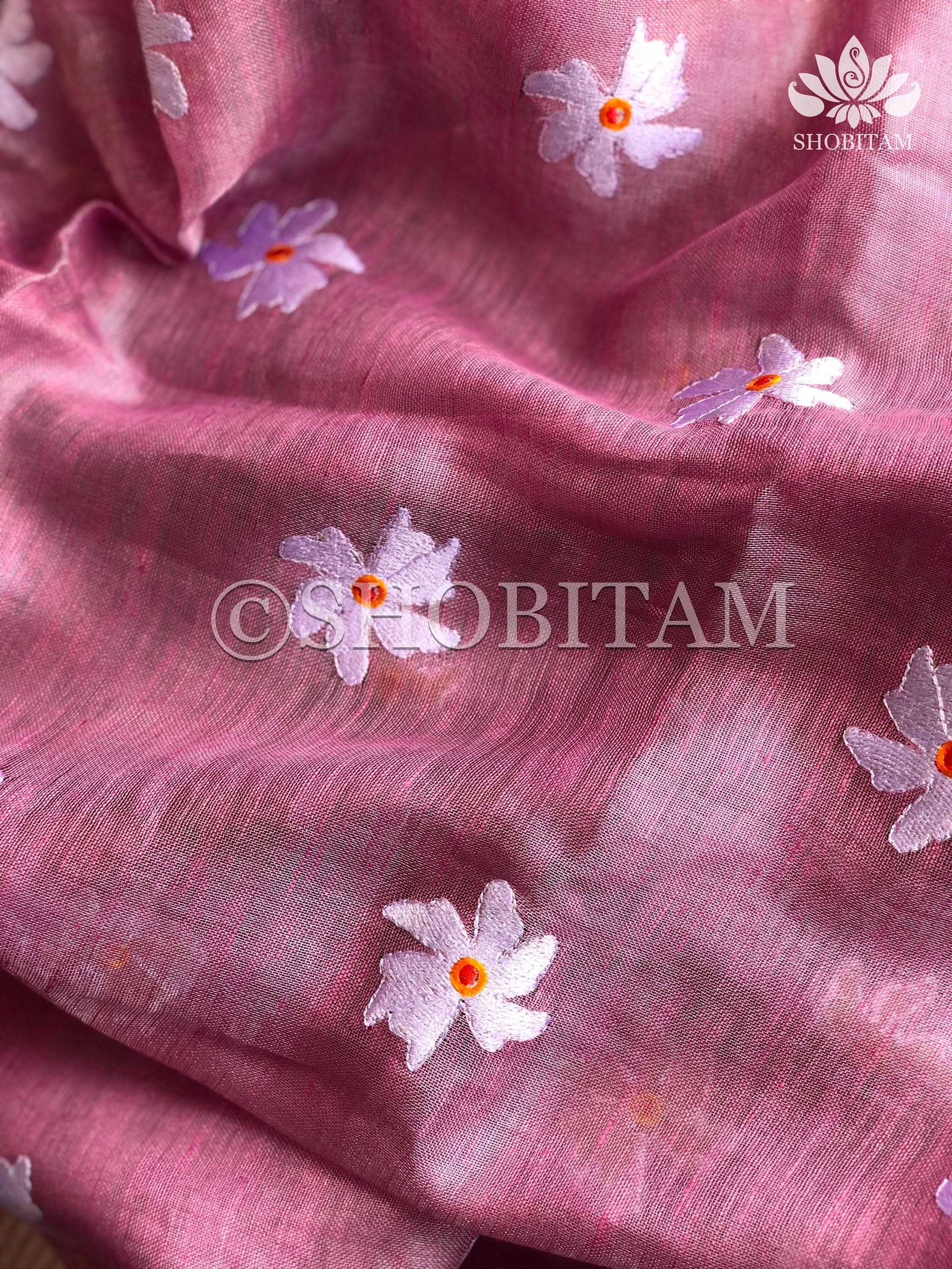 Pink Tissue Linen Saree with Parijaat Flower Embroidery | Shobitam Saree