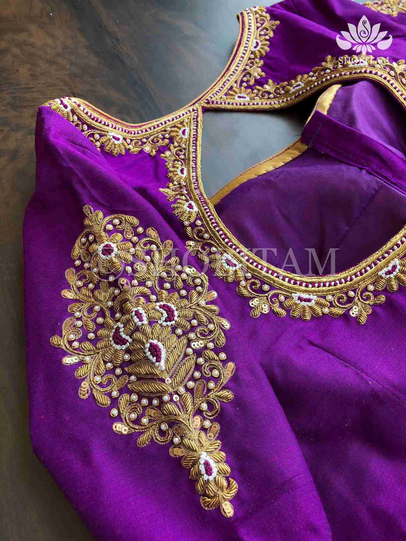 Made to Order: Zardosi and French Knot Silk Saree Bloue I Zardosi Work Blouse | Shobitam Blouse