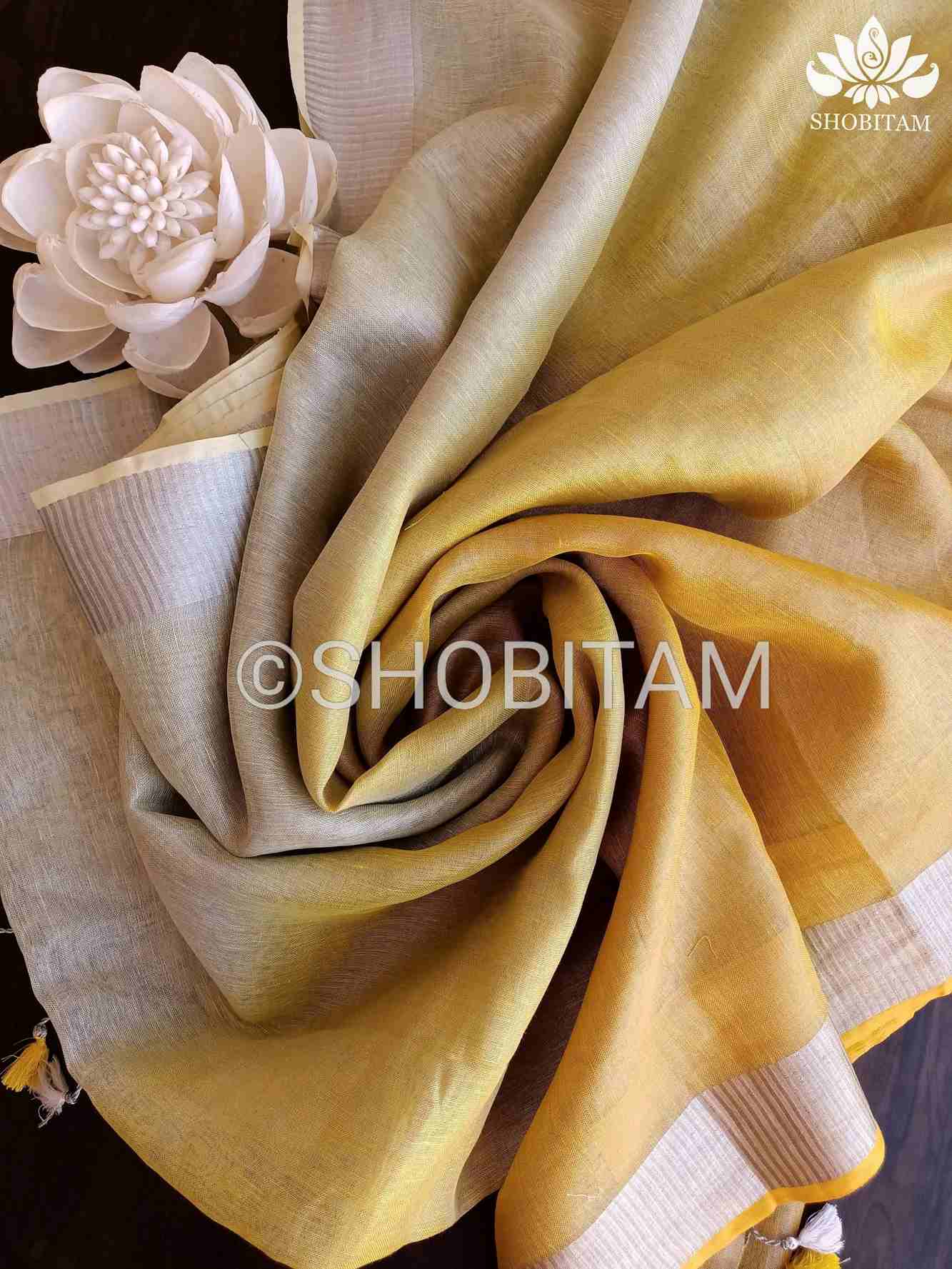 Ombre Yellow and Silver Tissue Linen Saree  Wrap in 1 minute saree