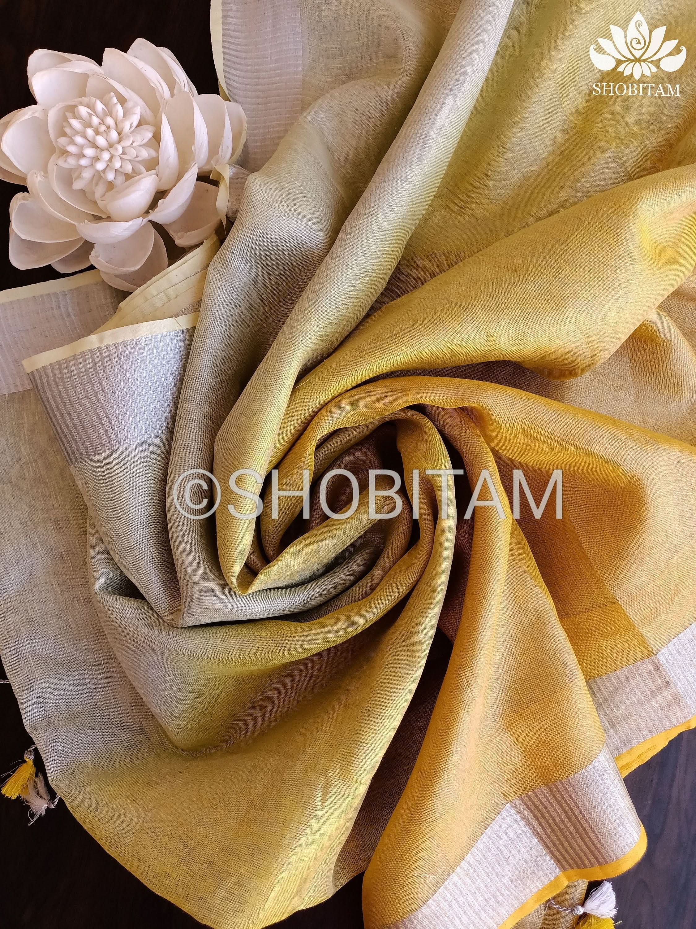 Ombre Yellow and Silver Tissue Linen Saree | Shobitam Saree