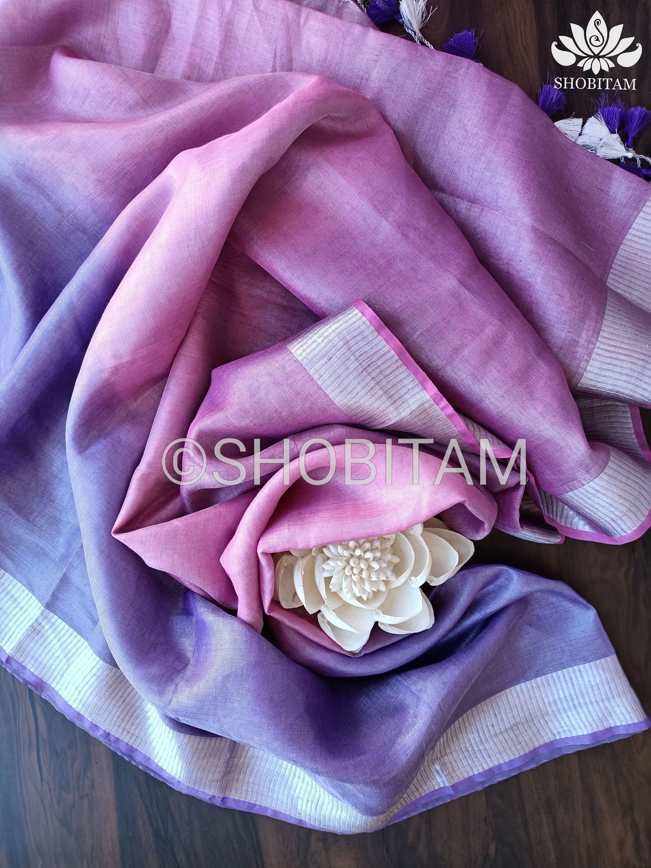 Shobitam Designer Collections - Pretty Lilac and Pink Ombre Tissue Linen saree