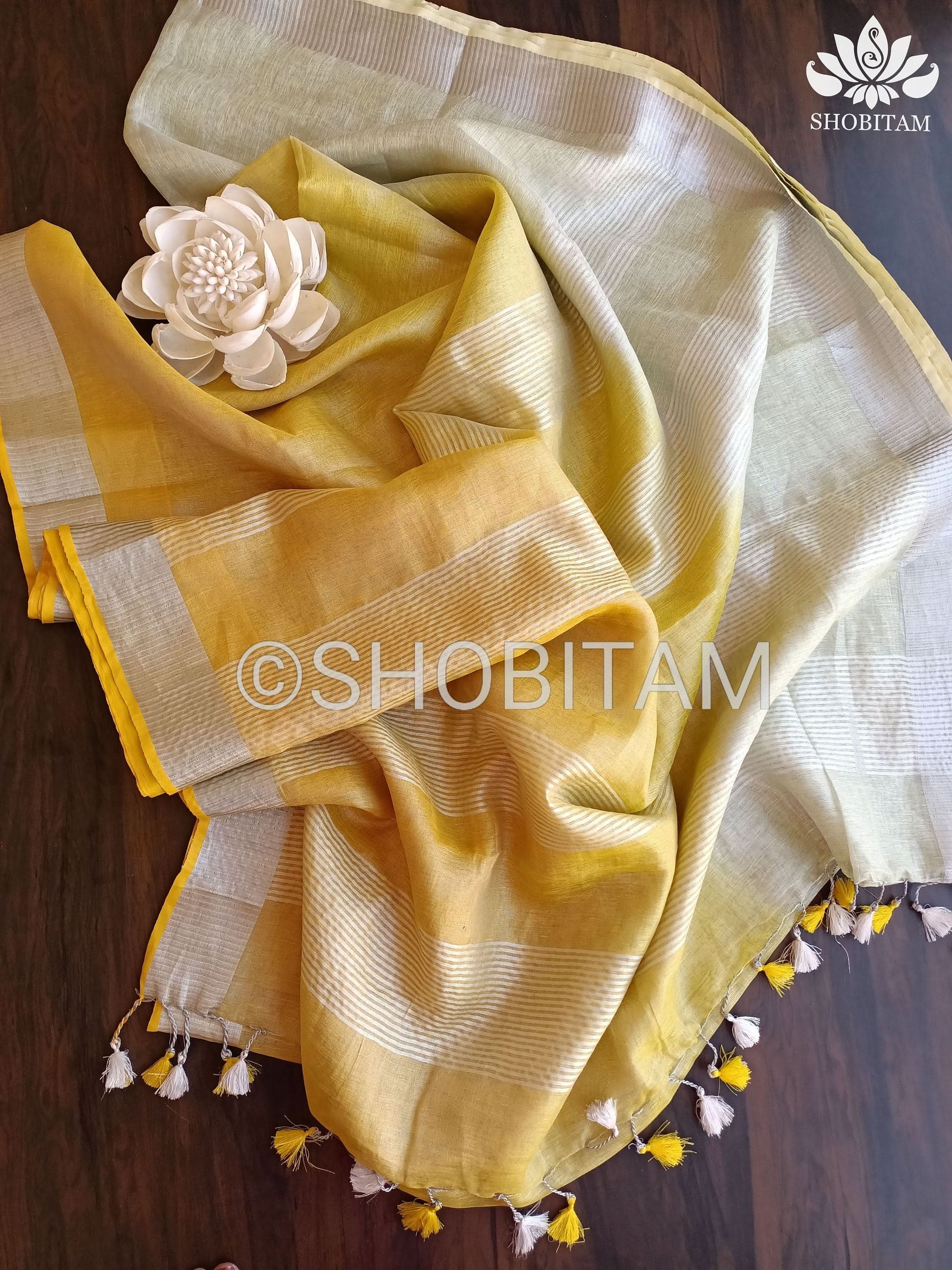 Ombre Yellow and Silver Tissue Linen Saree | Shobitam Saree