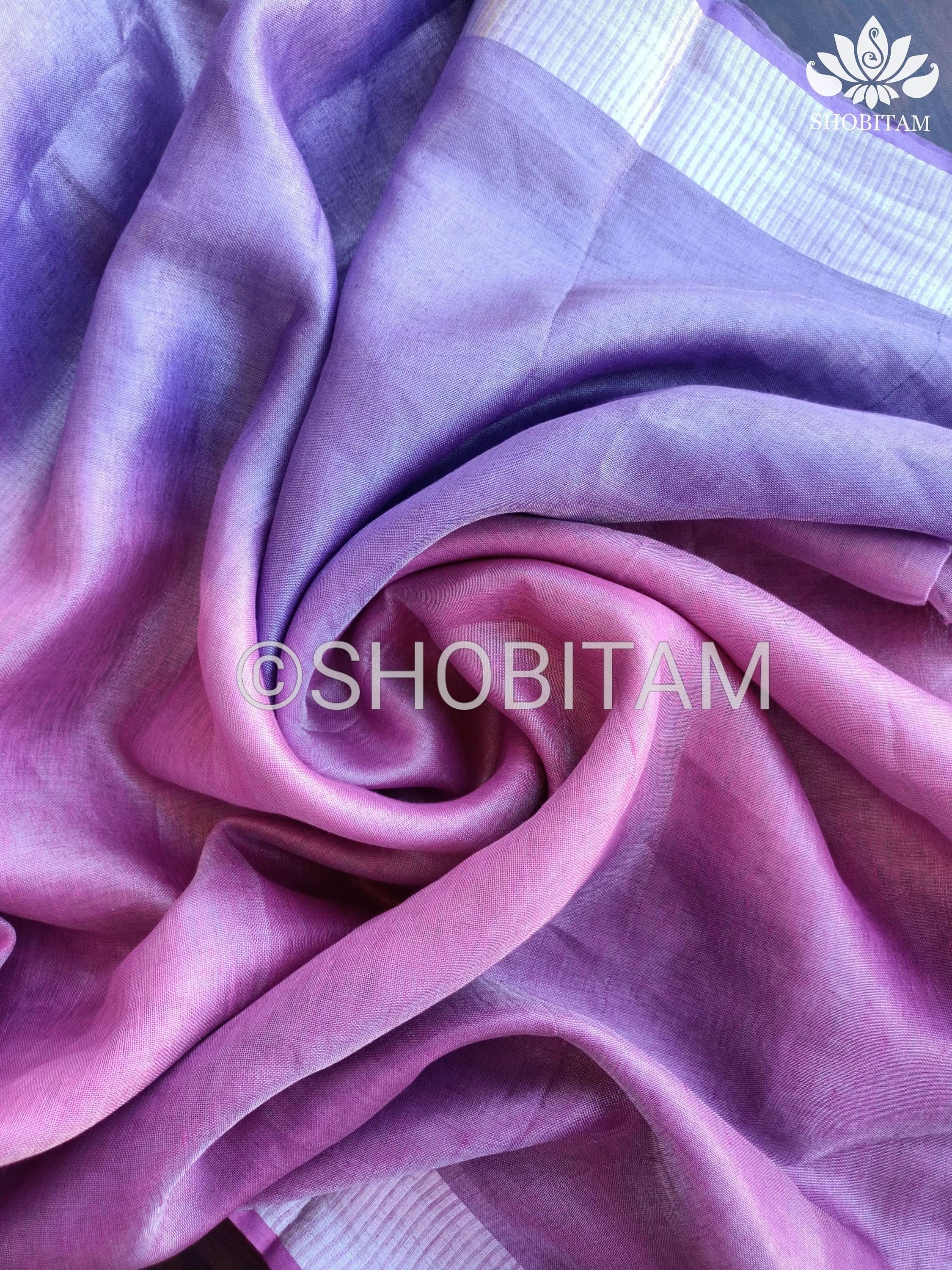 Shobitam Designer Collections - Pretty Lilac and Pink Ombre Tissue Linen saree