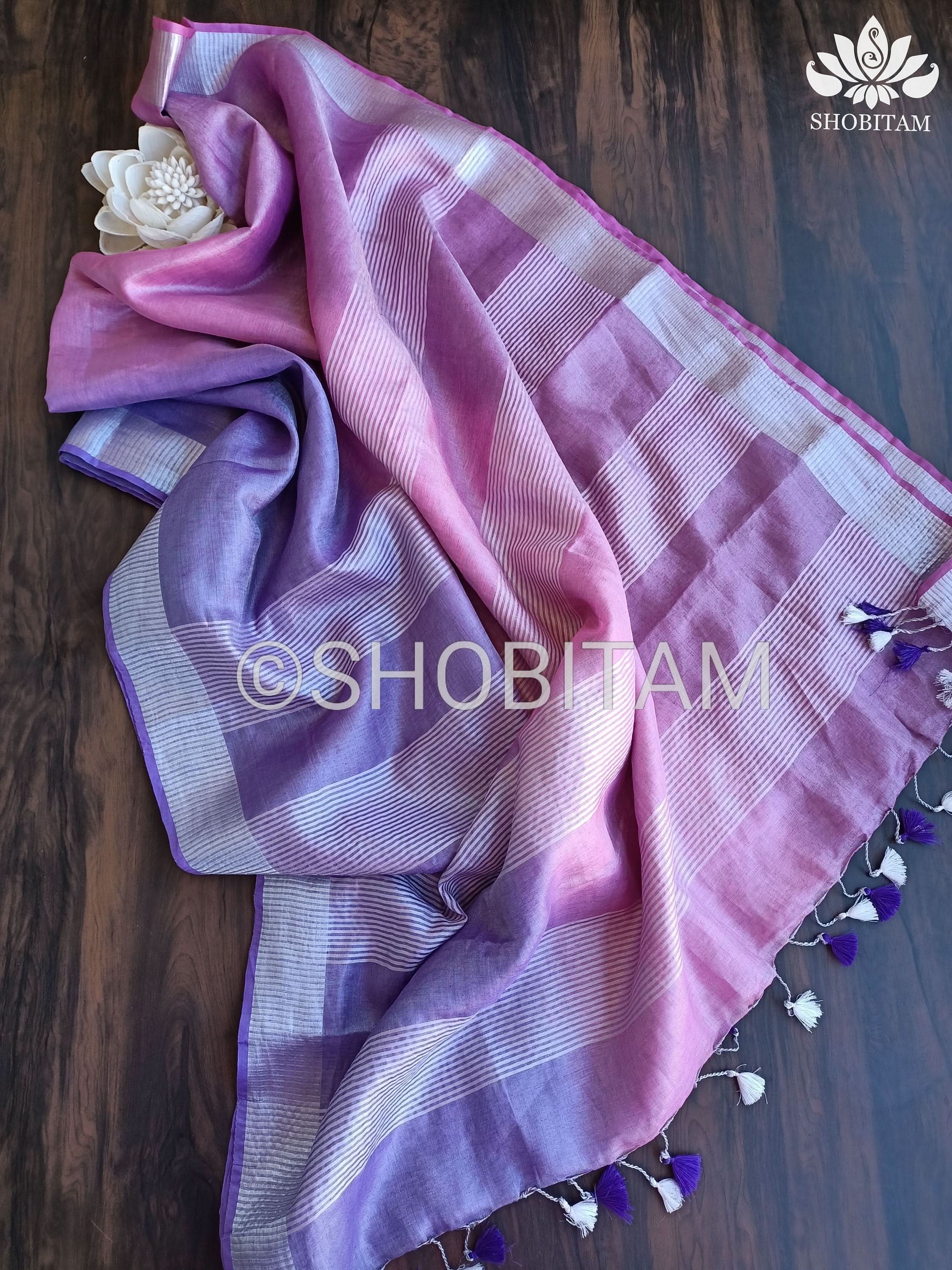 Shobitam Designer Collections - Pretty Lilac and Pink Ombre Tissue Linen saree