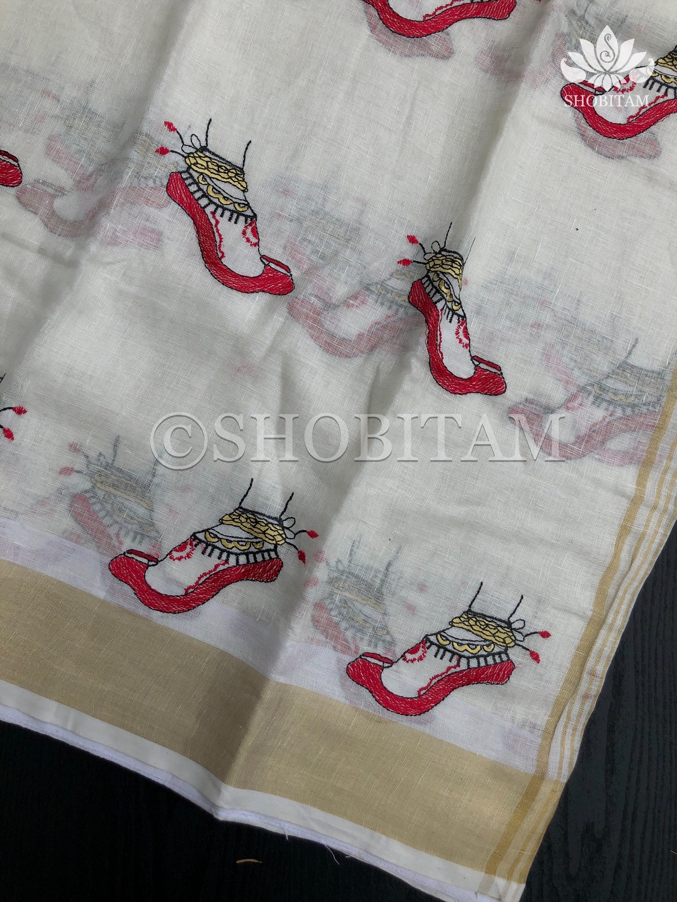 Linen Saree - Dancer’s feet embroidery saree | Organic Linen by Linen  Saree | Shobitam saree