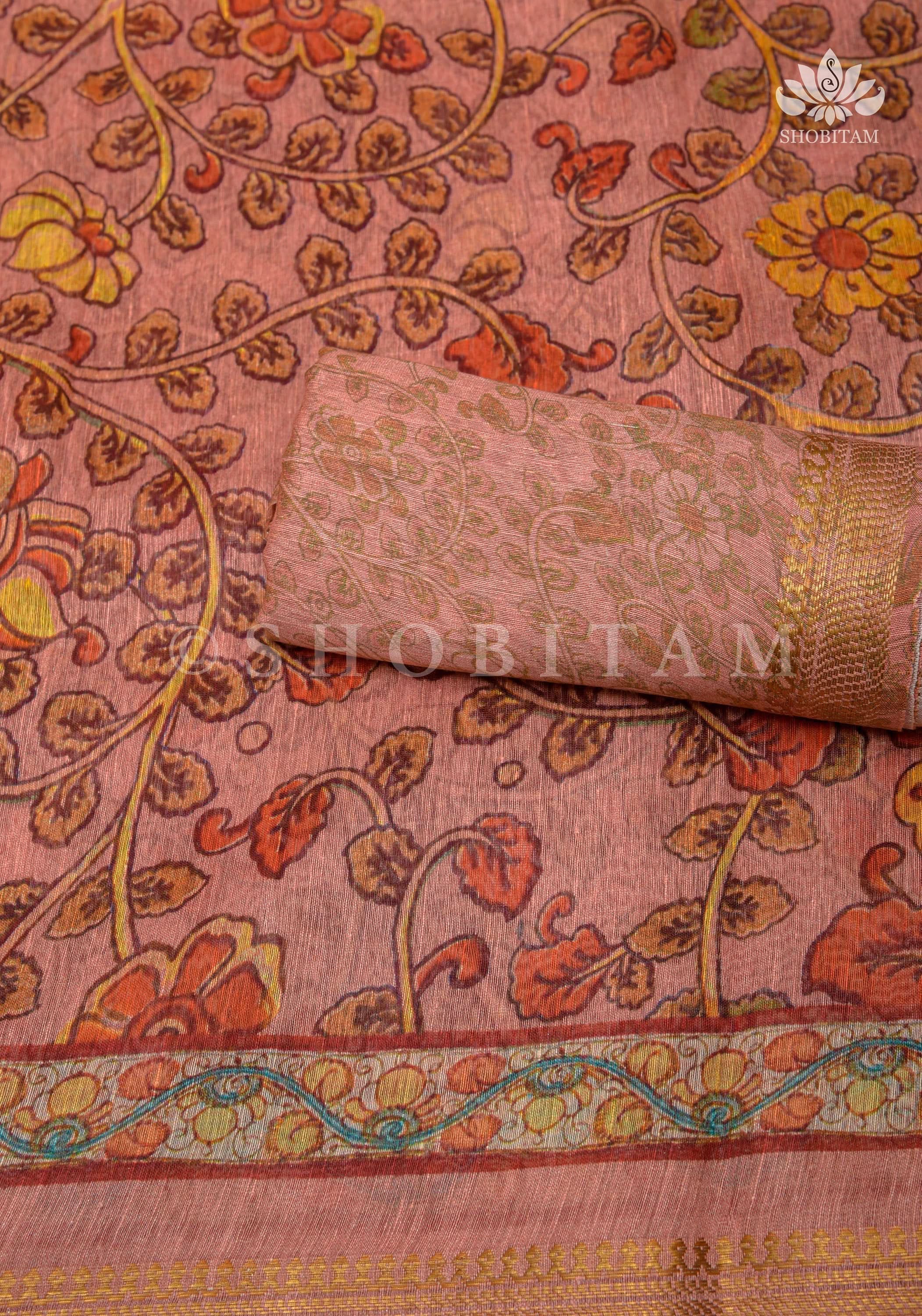 Rose Silk Linen Saree with Kalamkari Digital Print | Shobitam