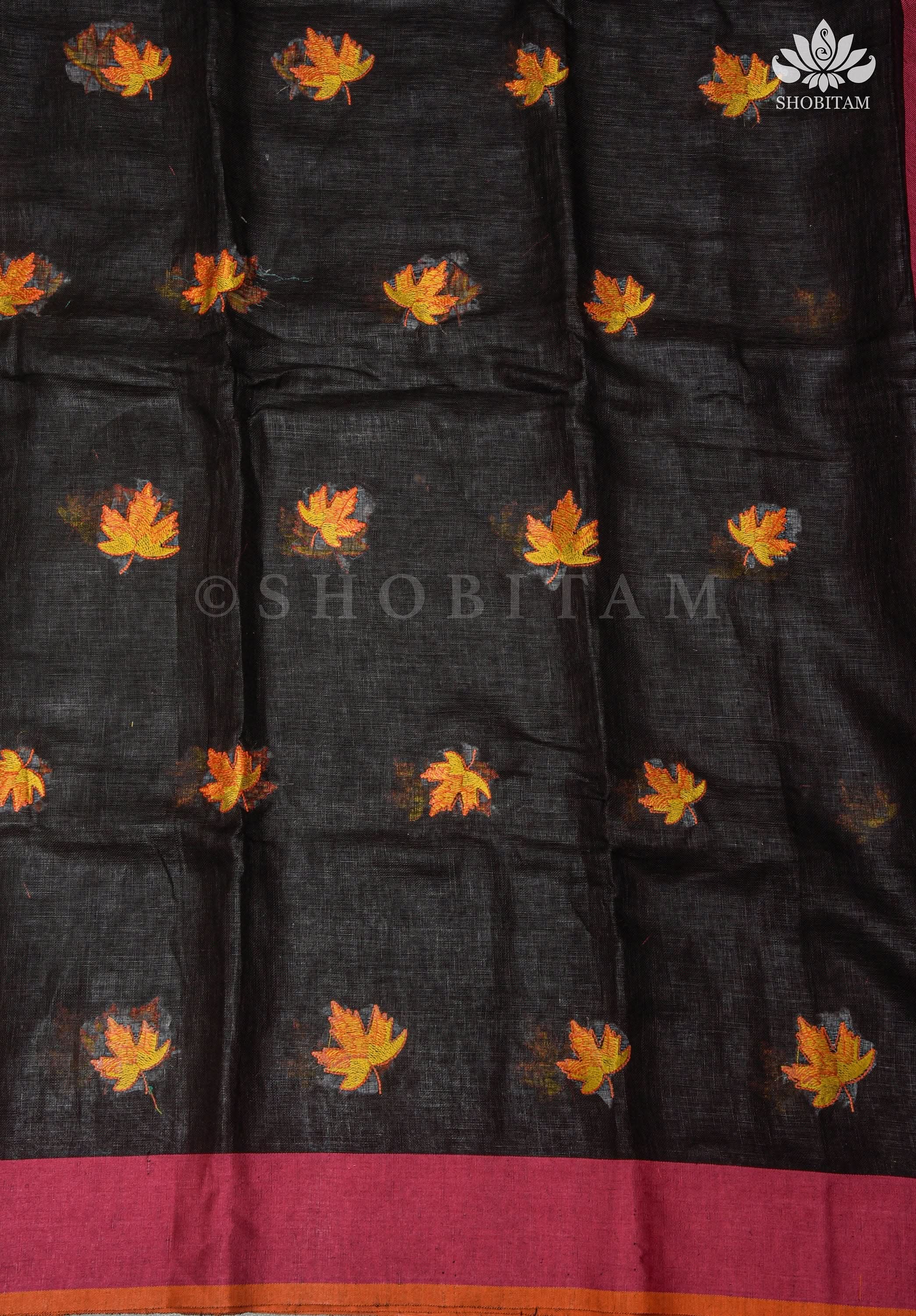 Linen by Linen Saree in Black with Fall Leaves Embroidery and Ganga Jamuna Borders | Shobitam Saree