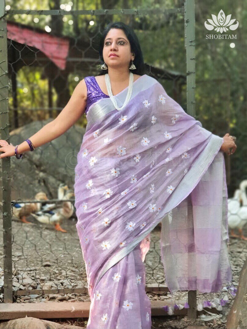 Lavender Parijaat Flower Embroidery Tissue Linen Saree | Shobitam