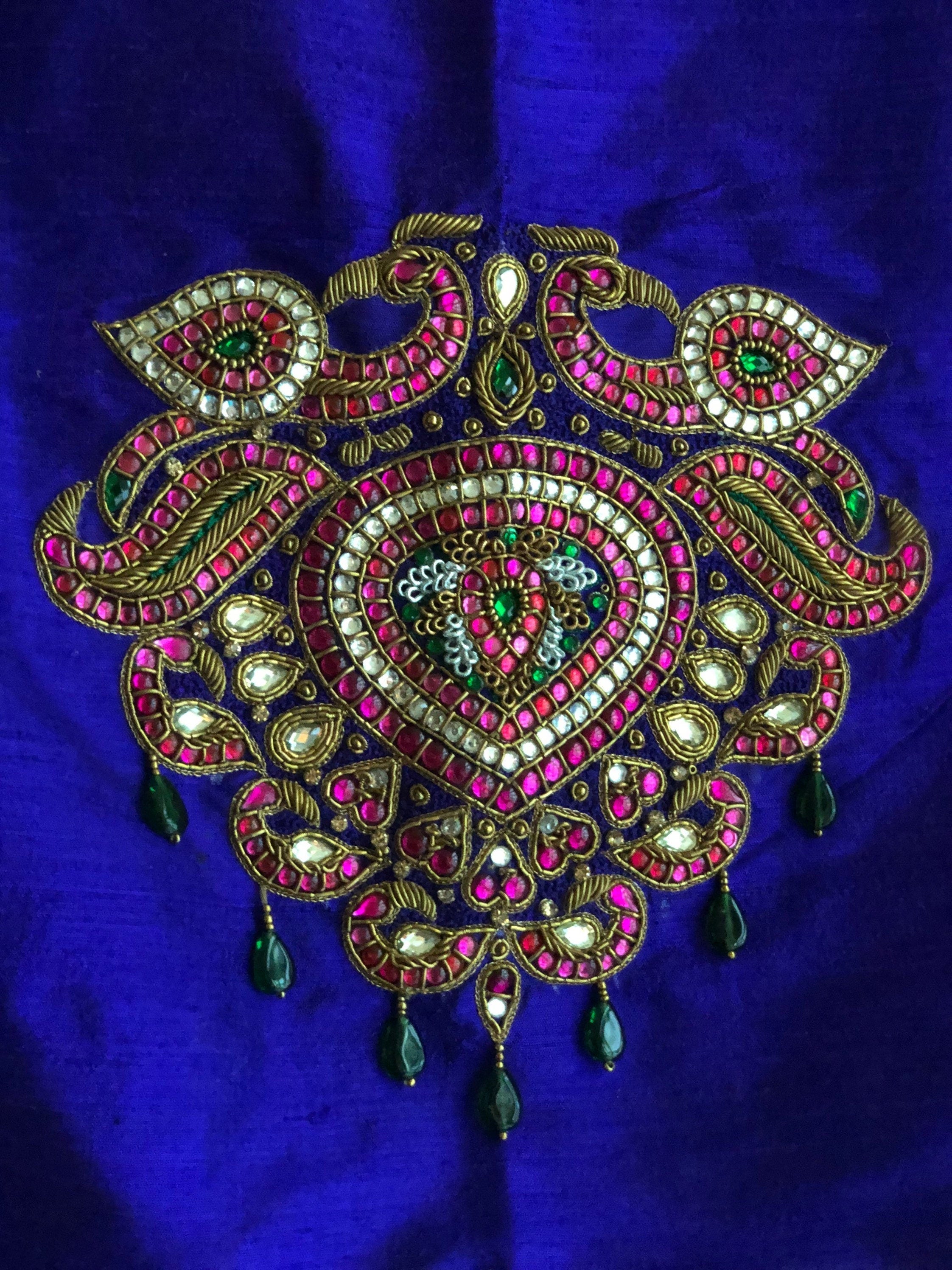 Made to Order:  Temple Jewelry Style Jadau Blouse in Purple | Shobitam Blouse