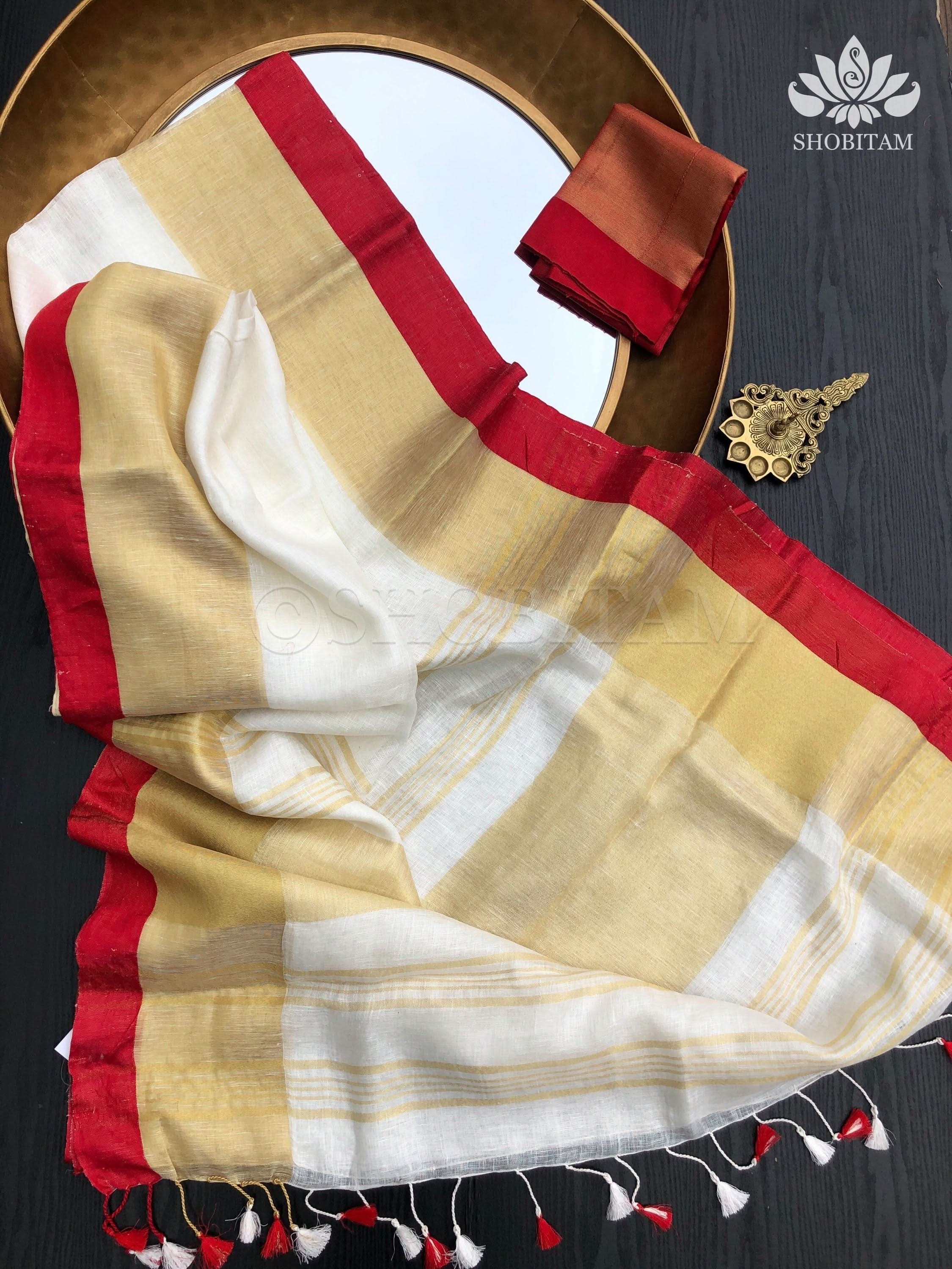 Lovely Wide Border Linen Saree in Ivory and Red with Gold Zari | Lal Paar Saree I White and Red Saree | Shobitam
