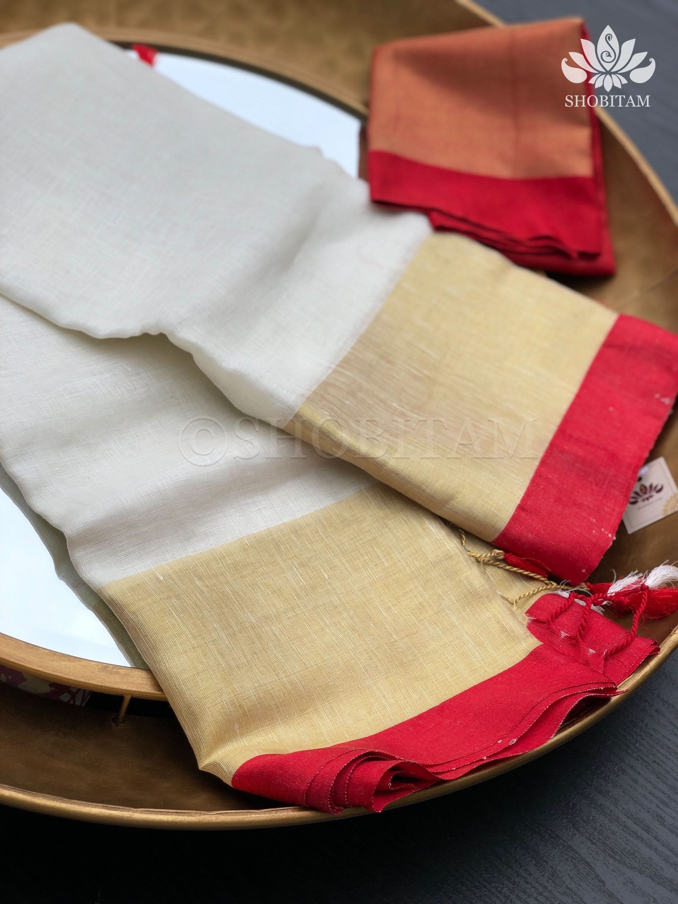 Lovely Wide Border Linen Saree in Ivory and Red with Gold Zari | Lal Paar Saree I White and Red Saree | Shobitam
