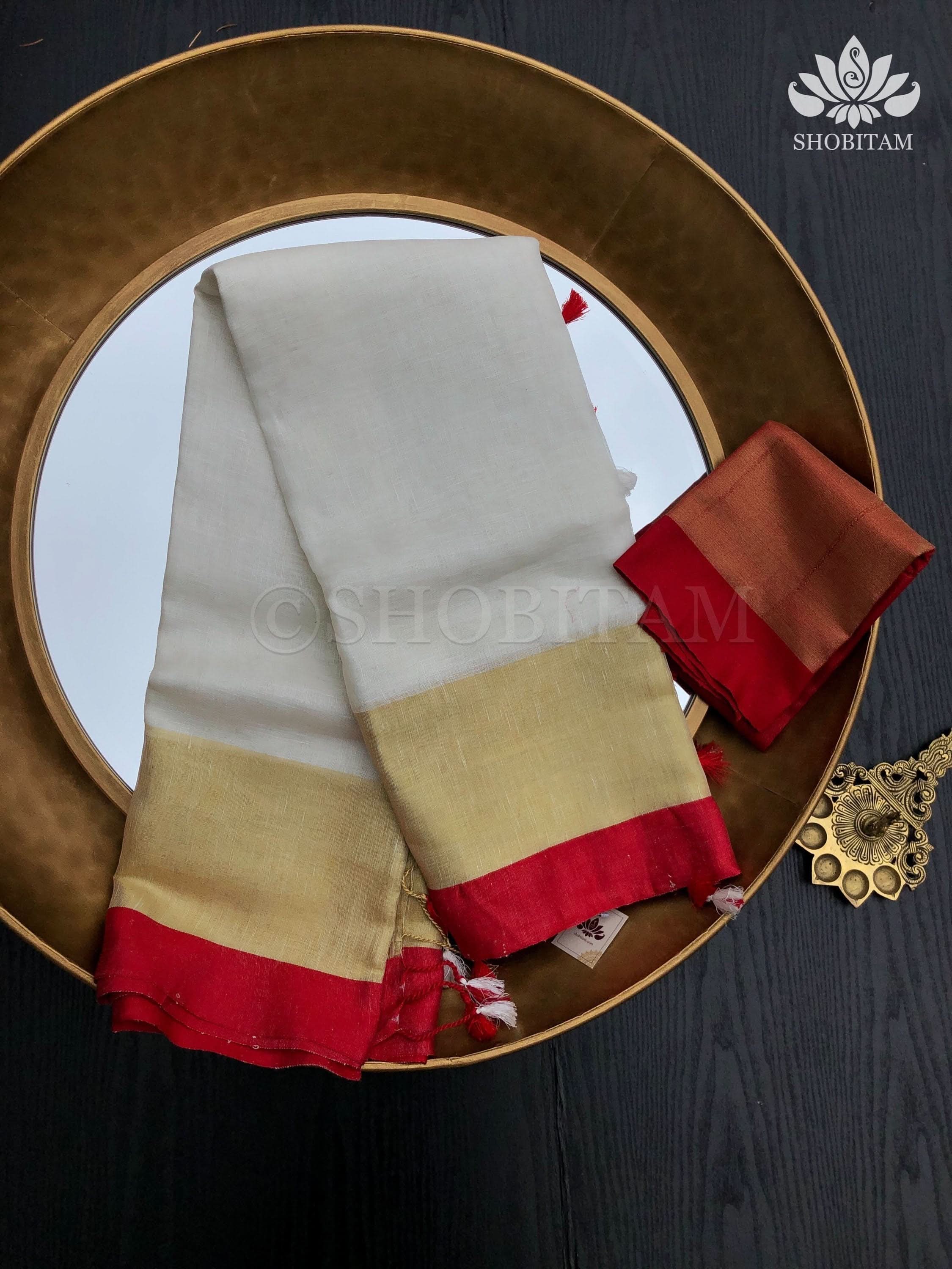 Lovely Wide Border Linen Saree in Ivory and Red with Gold Zari | Lal Paar Saree I White and Red Saree | Shobitam