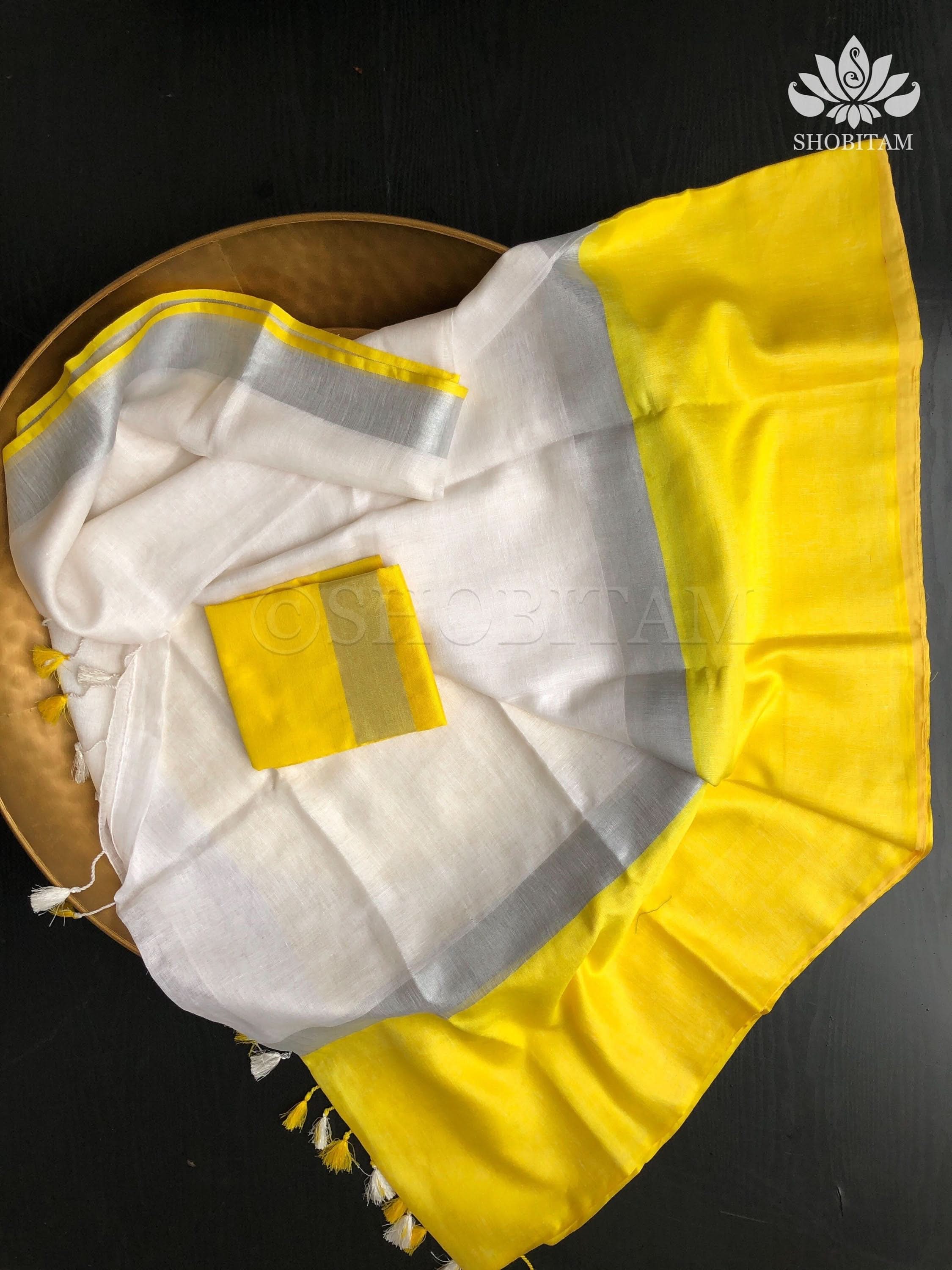 White and Yellow Wide Border Linen by Linen Saree | Shobitam