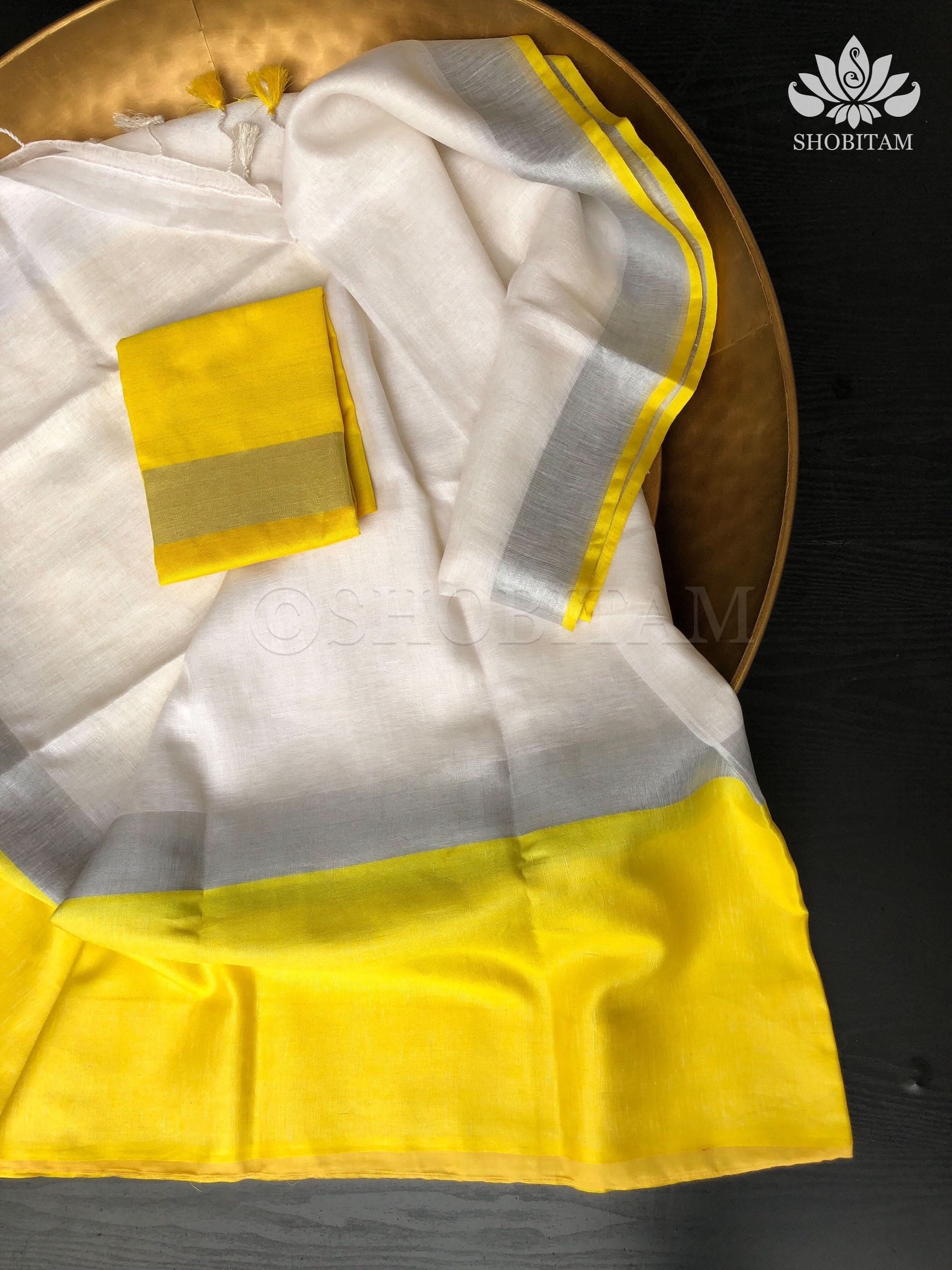 White and Yellow Wide Border Linen by Linen Saree | Shobitam
