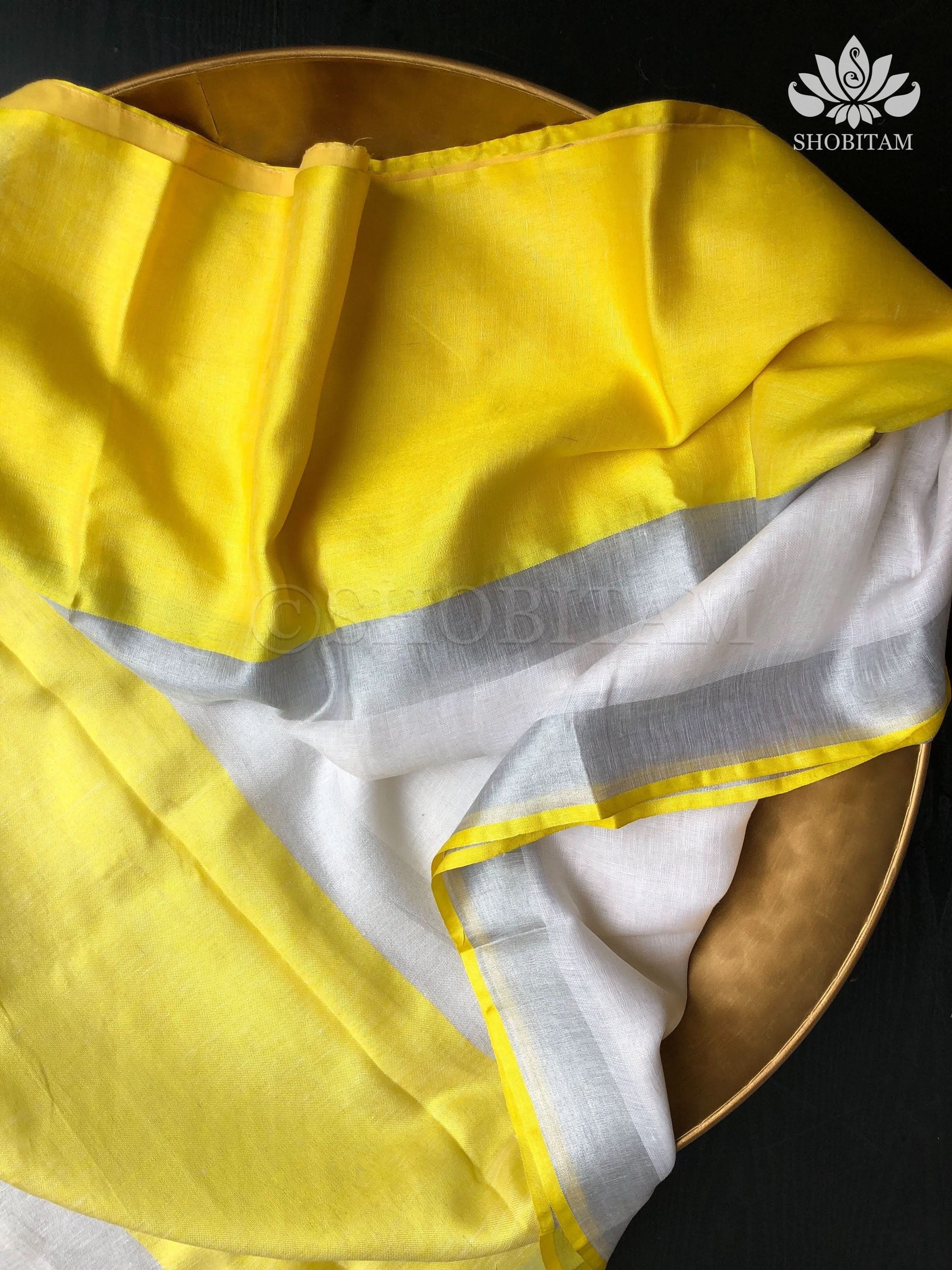 White and Yellow Wide Border Linen by Linen Saree | Shobitam