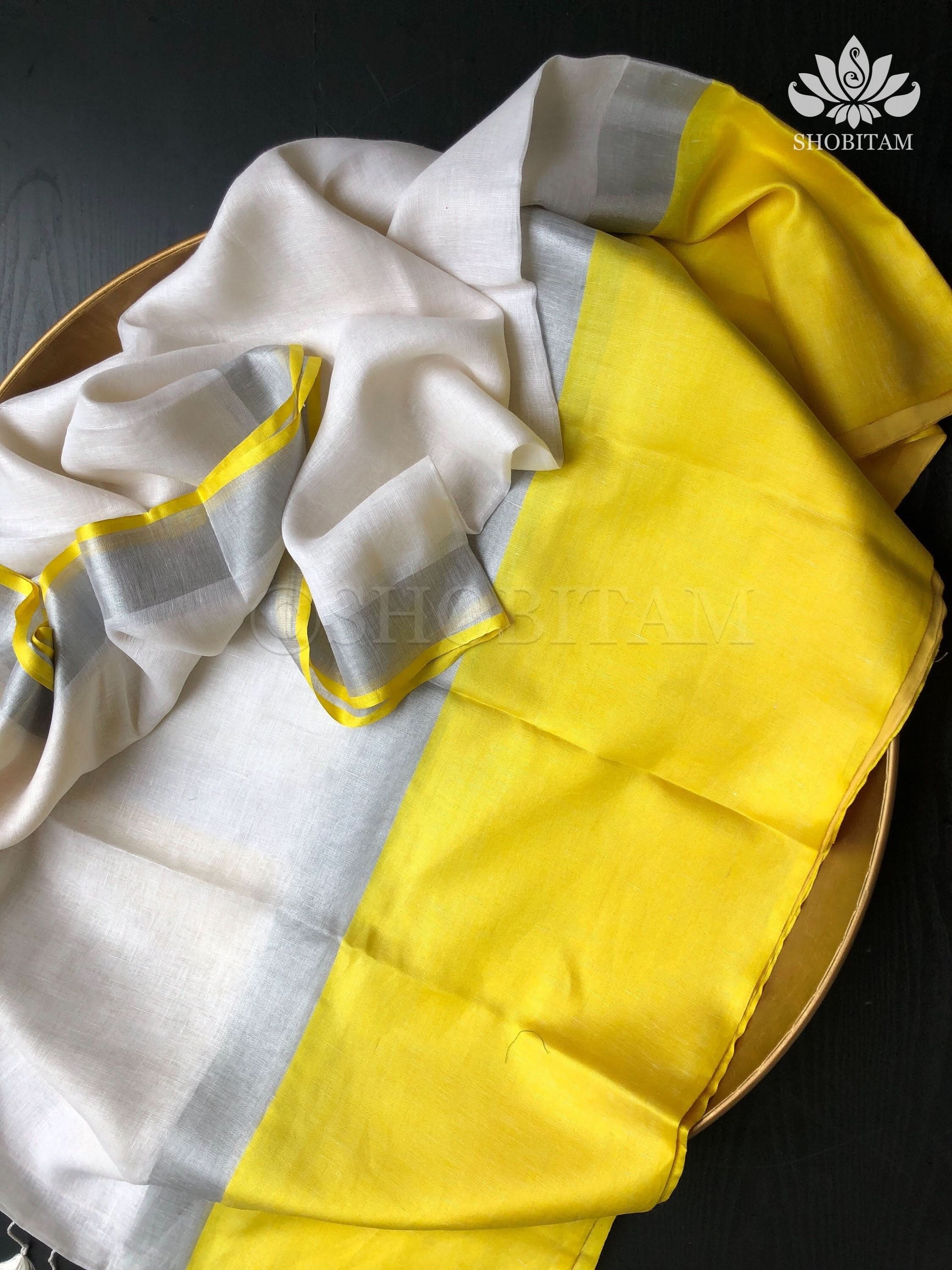 White and Yellow Wide Border Linen by Linen Saree | Shobitam