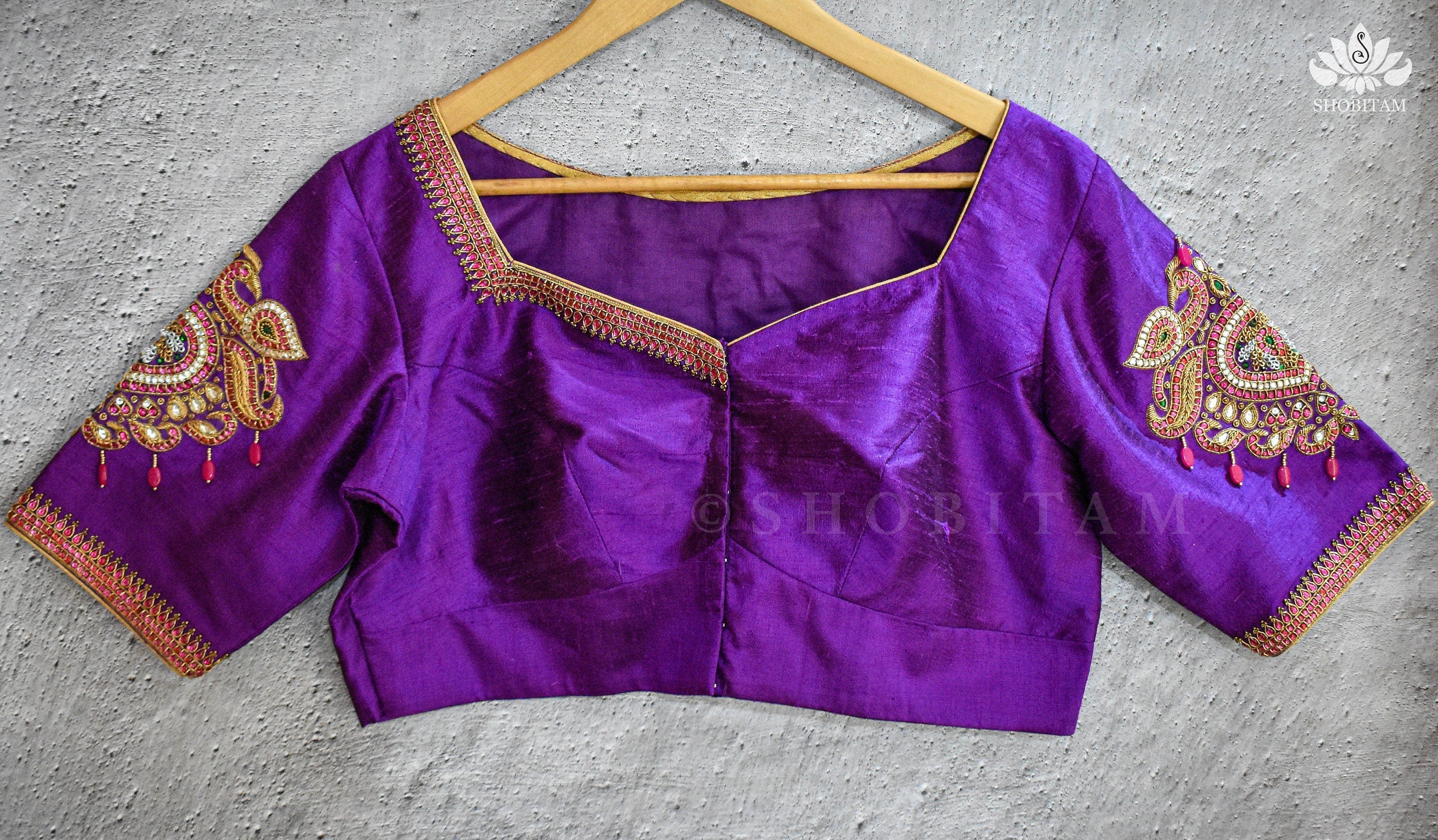 Made to order Temple Jewelry Style Jadau Blouse in Violet | Shobitam Blouse